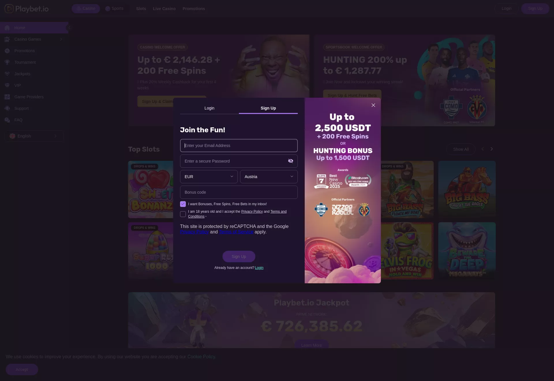 Desktop screen. Playbet Casino Up to ₿4 + 600 FS