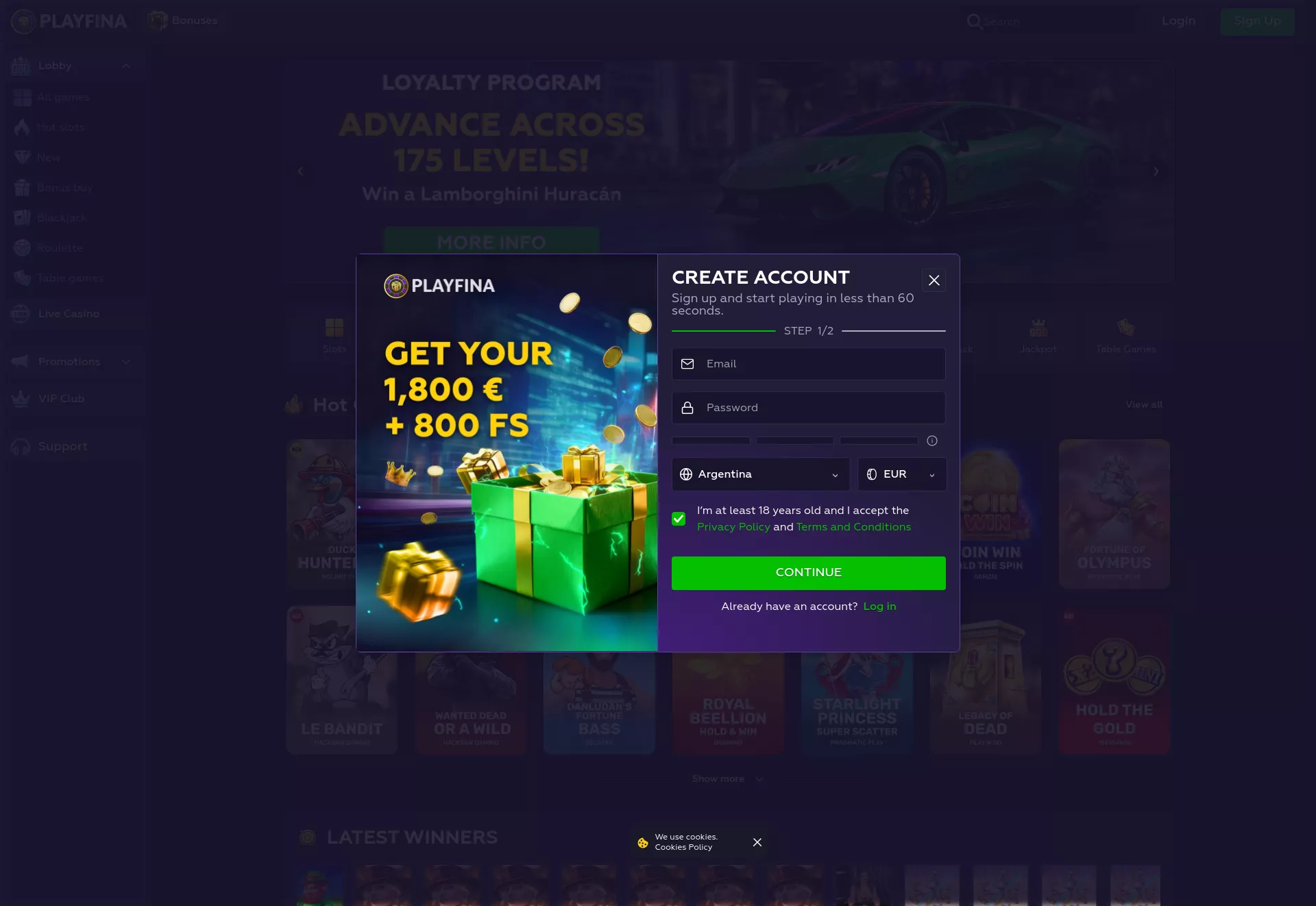 Desktop screen. Playfina Casino Up to $1000 + 600 FS