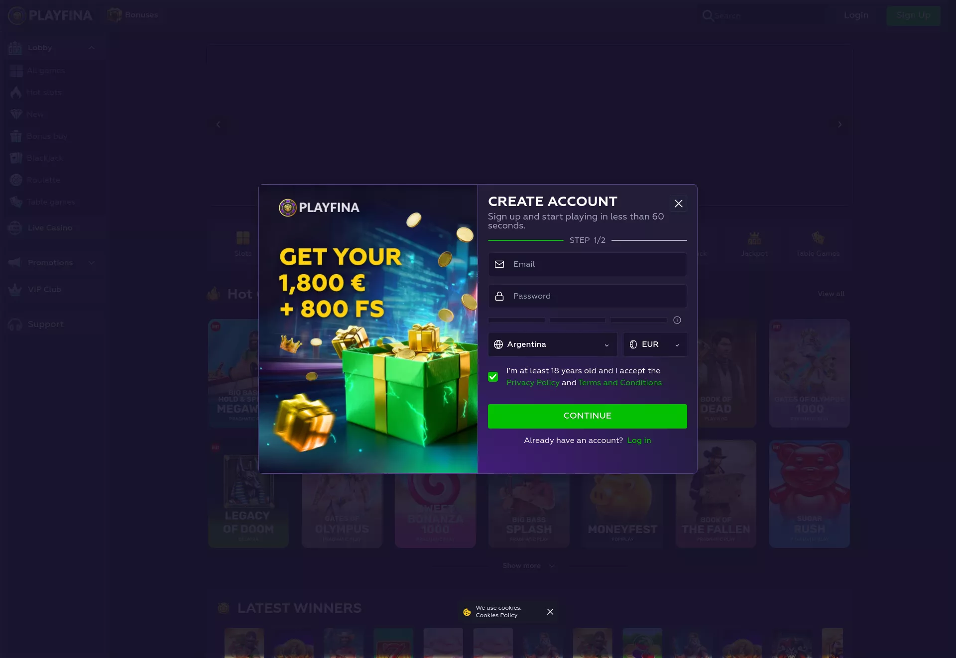 Desktop screen. Playfina Casino Up to 50%