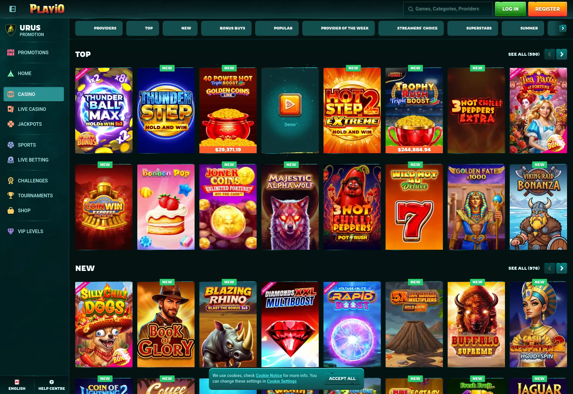 Desktop screen. Playio 100% up to C$750 + 200 FS + 1 Bonus Crab