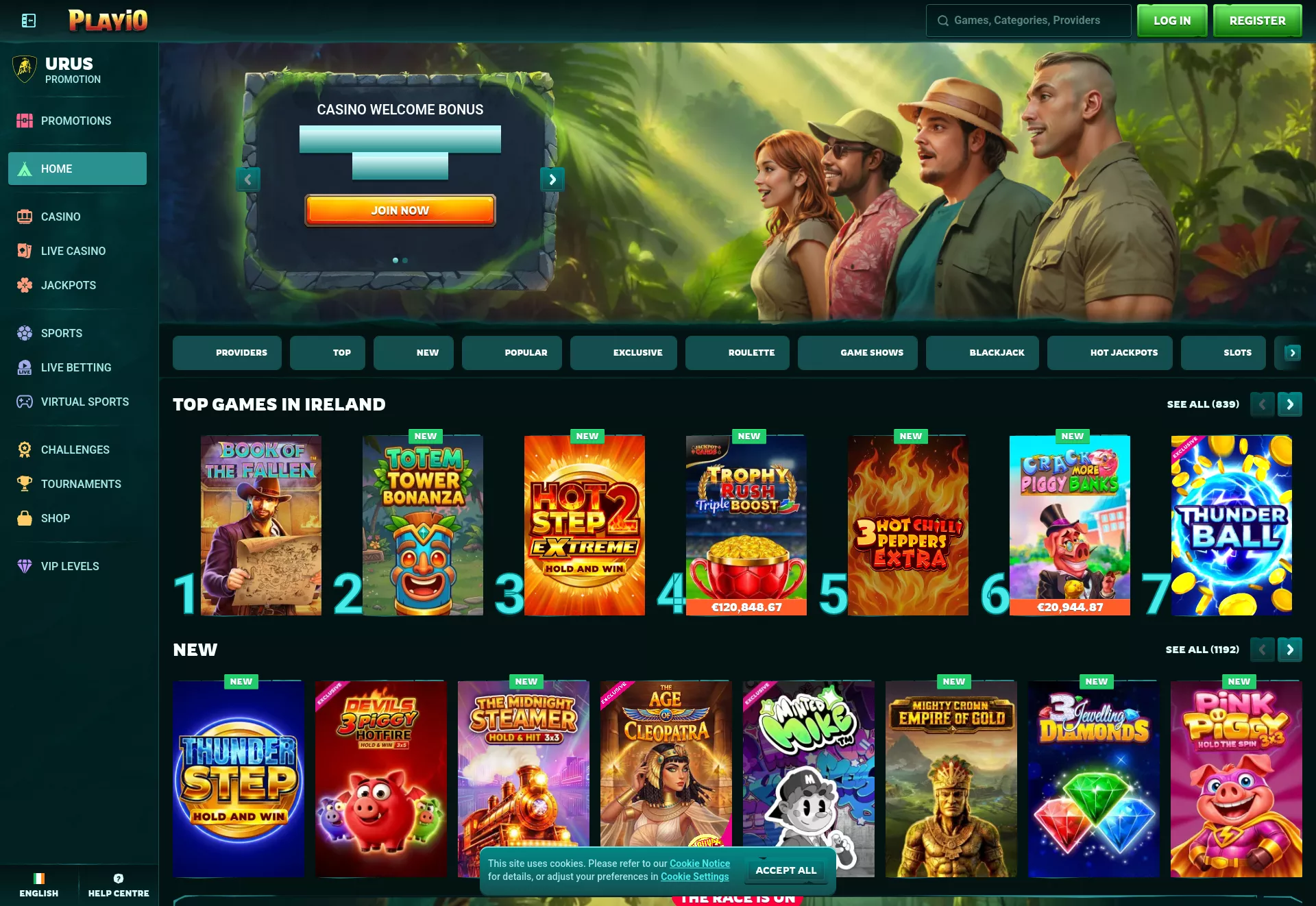 Desktop screen. Playio 100% up to €500 + 200 FS + 1 Bonus Crab