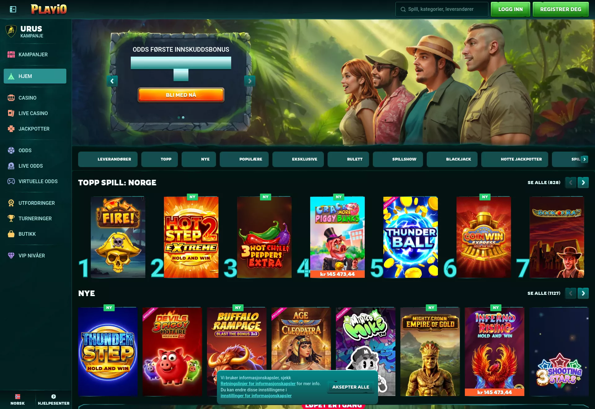 Desktop screen. Playio 100% up to kr5000 + 200 FS + 1 Bonus Crab