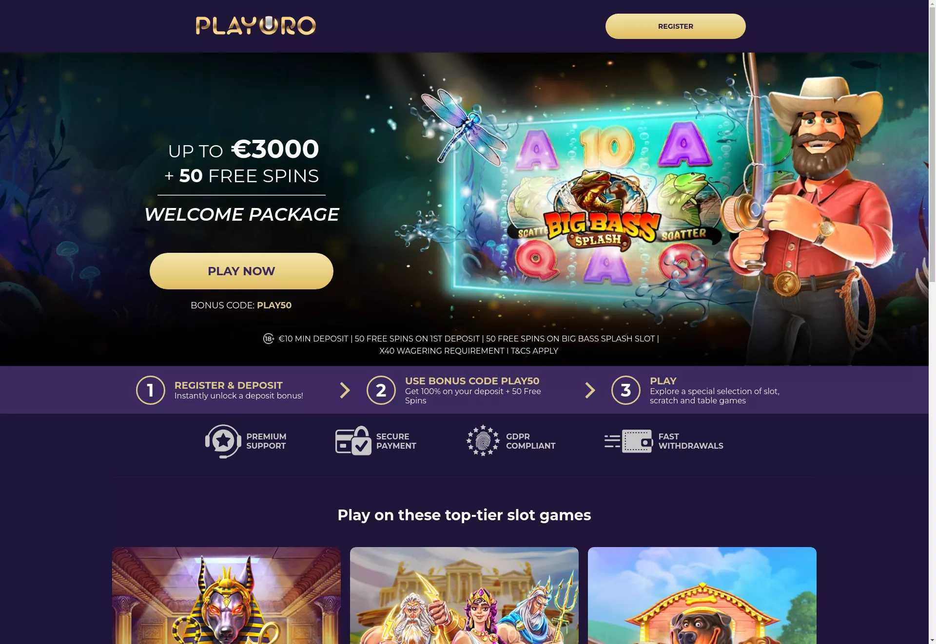 Desktop screen. Playoro Casino Up to $3000 + 50 FS