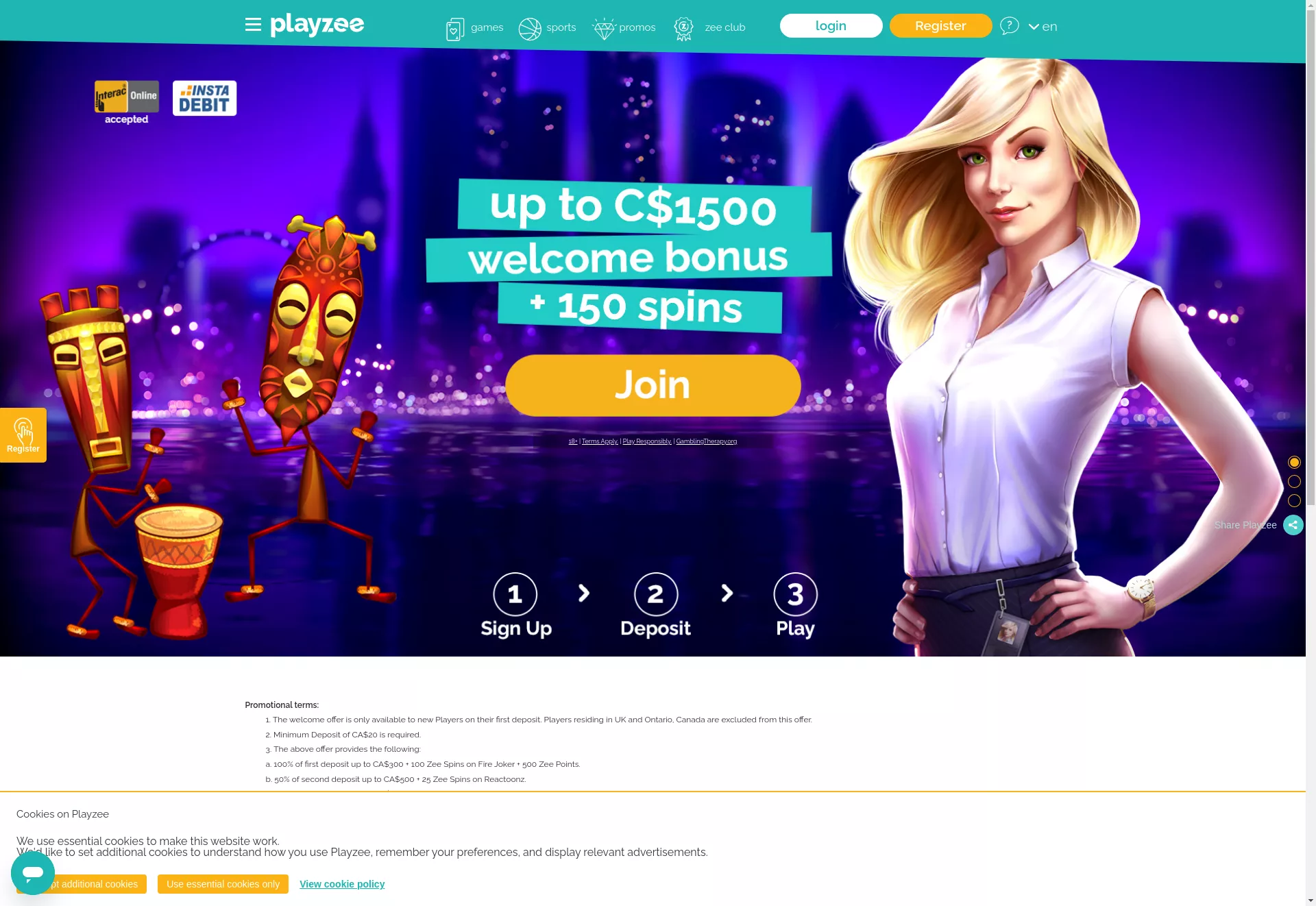 Desktop screen. Playzee Up to C$1500 + 150 FS + 500 Zee Points