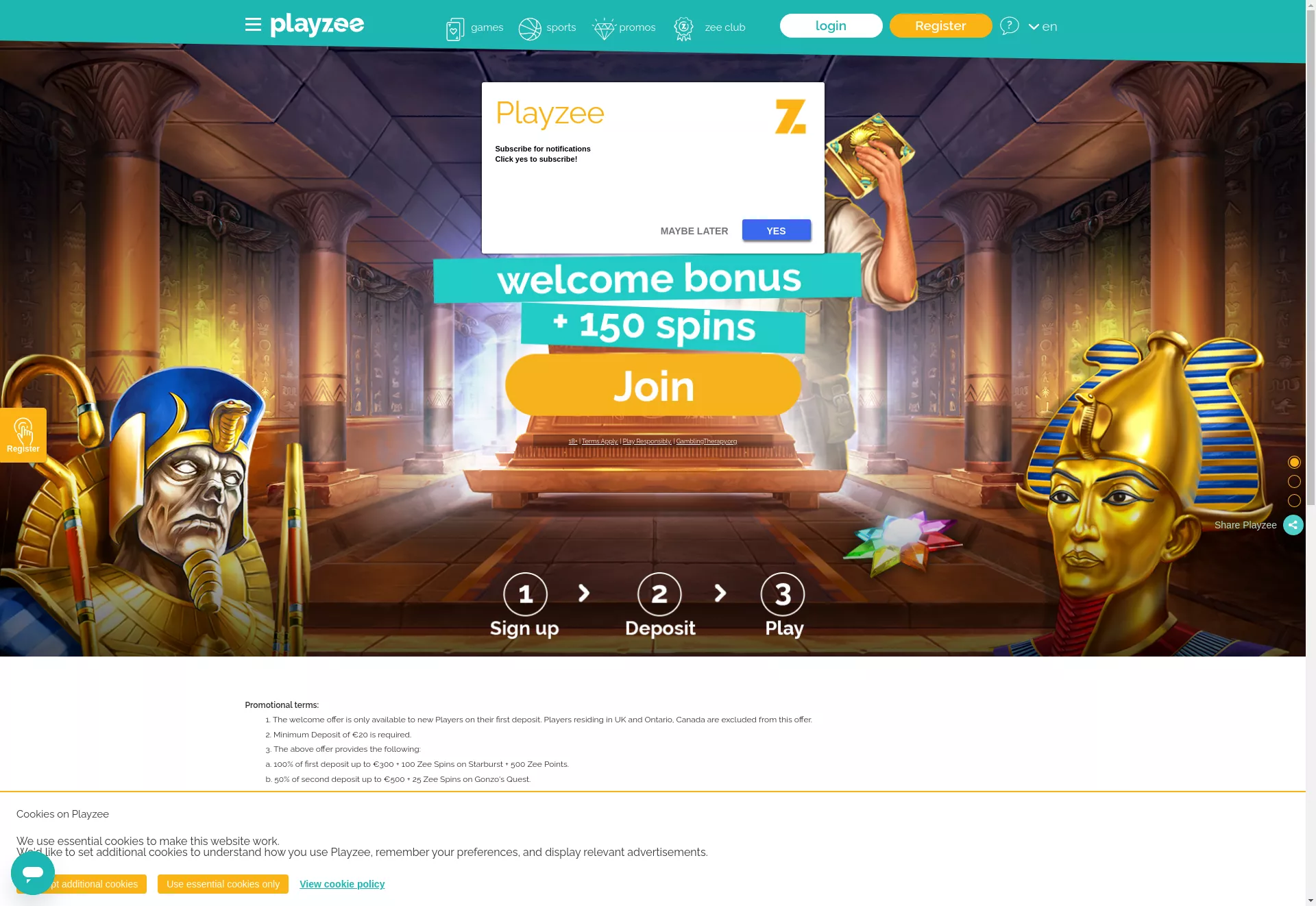 Desktop screen. Playzee Up to €1500 + 150 FS