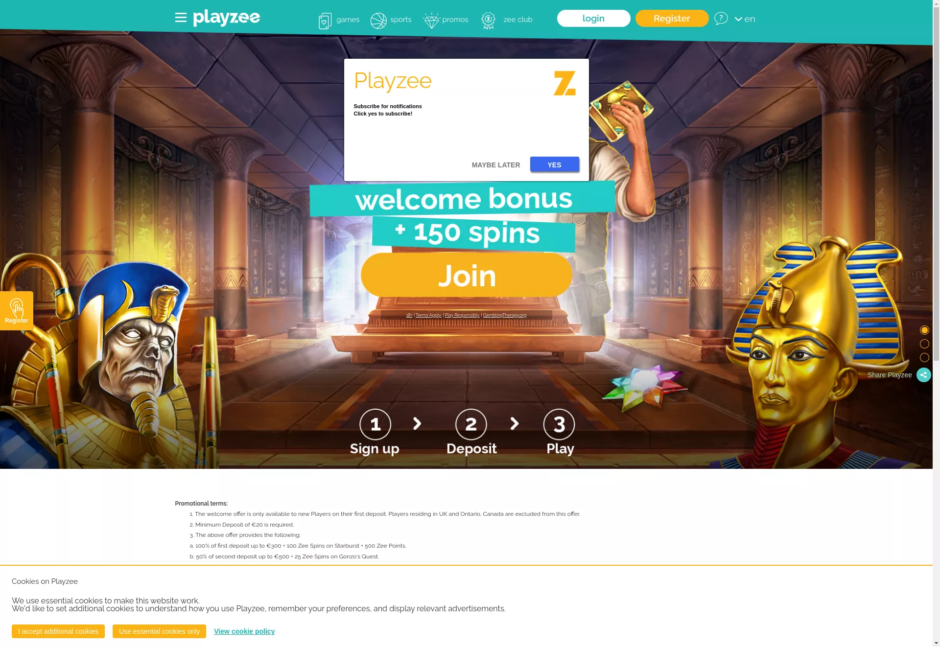 Desktop screen. Playzee Up to €1500 + 150 FS