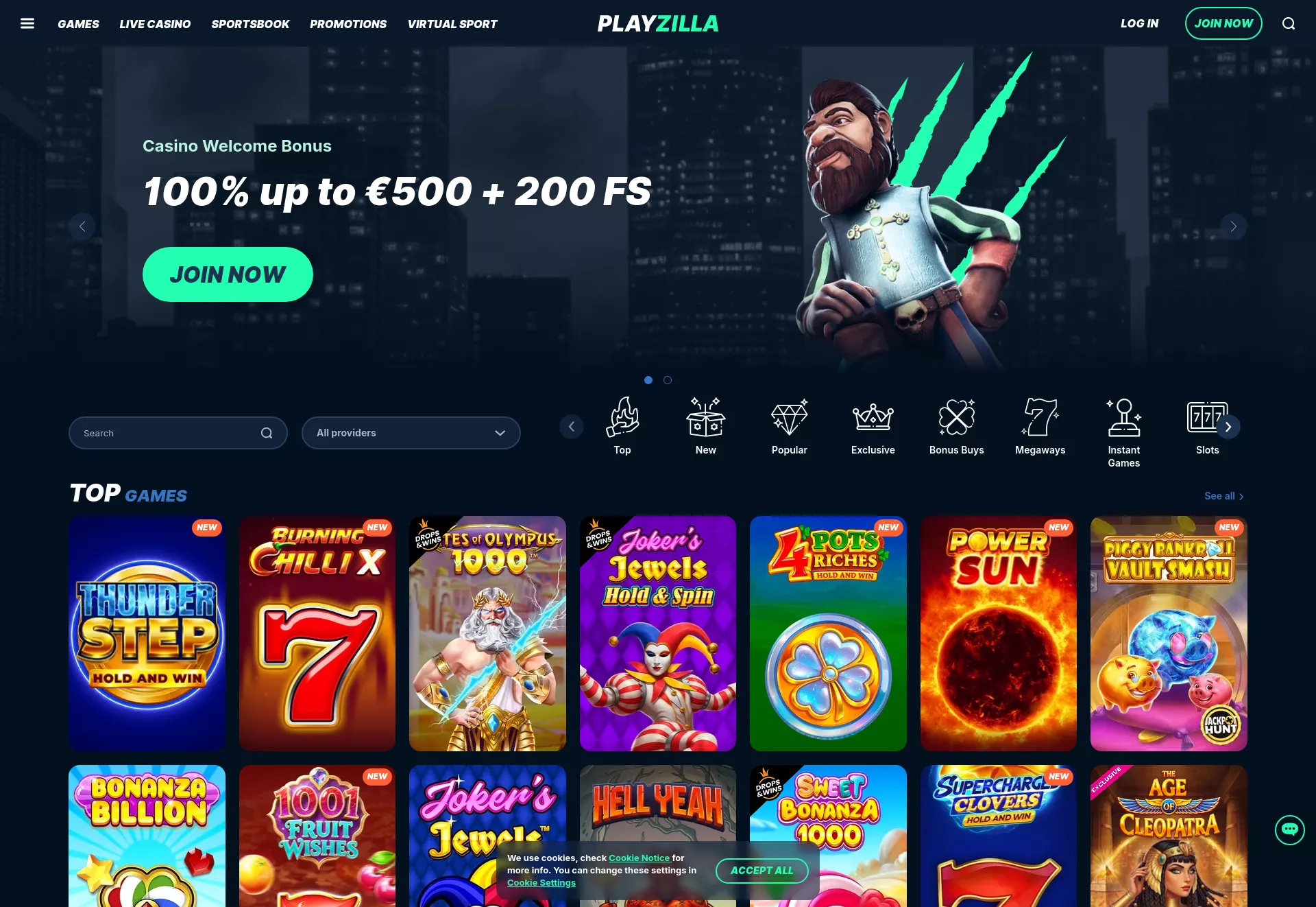 Desktop screen. Playzilla 200% hasta $100 + 500 FS