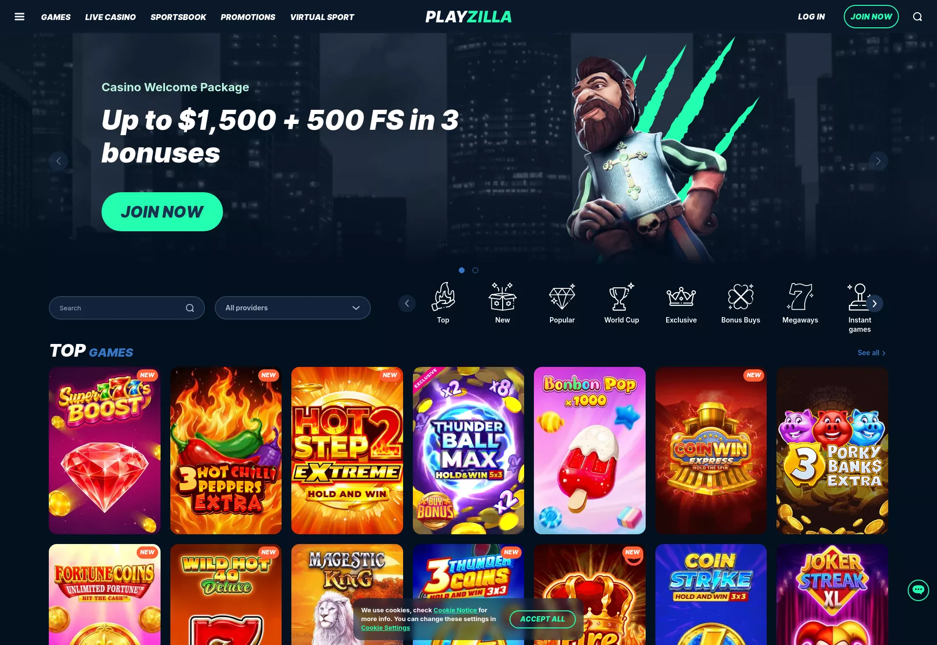 Desktop screen. Playzilla Up to C$1500 + 500 FS