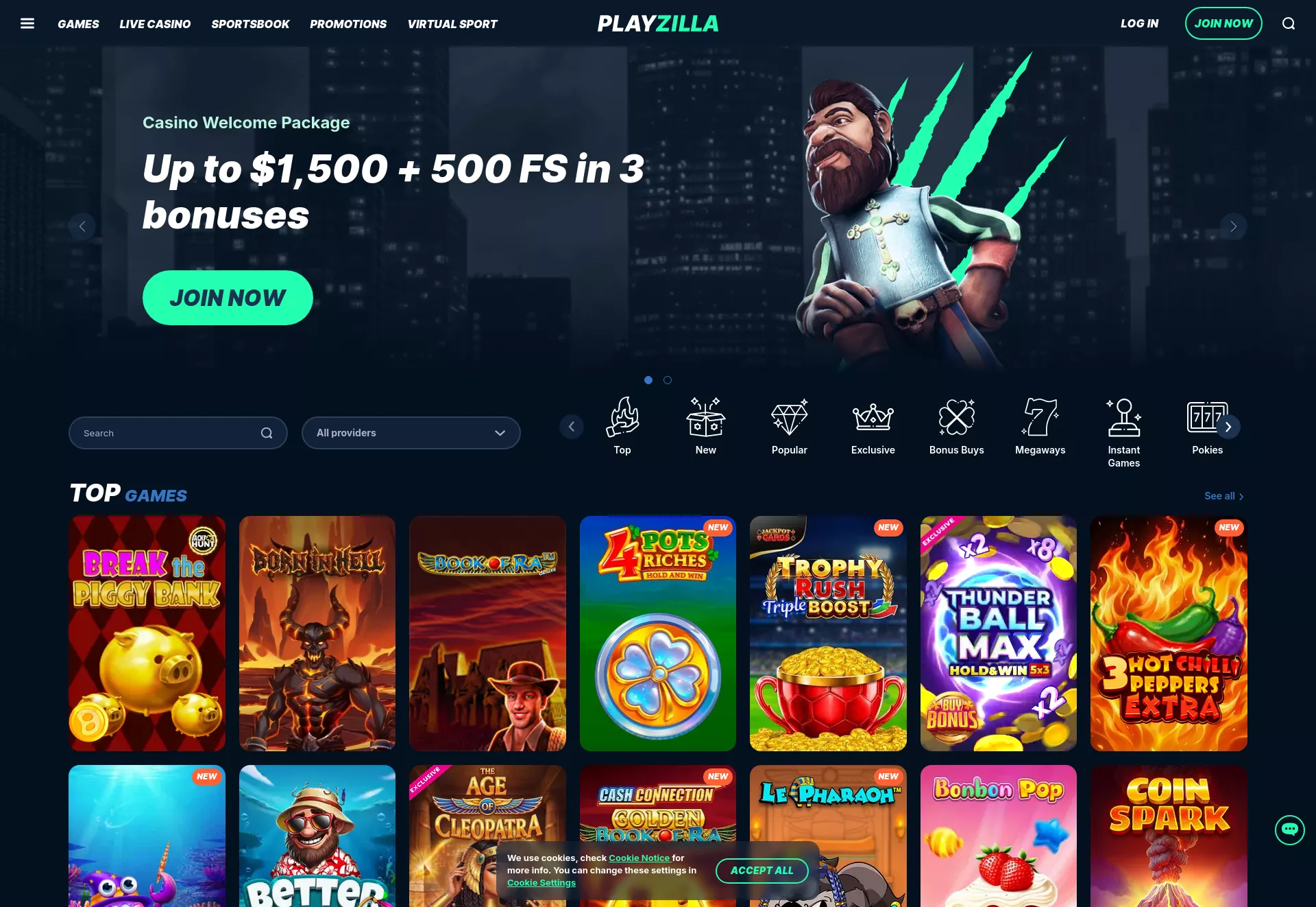 Desktop screen. Playzilla 100% up to NZ$1500 + 500 FS