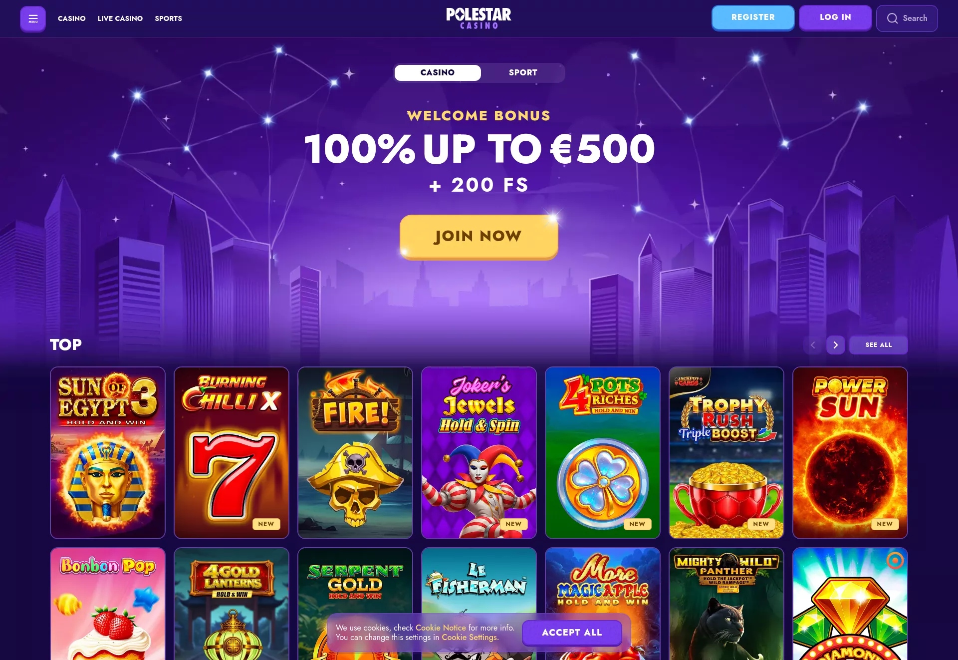 Desktop screen. Polestar Casino 100% up to $500 + 200 FS