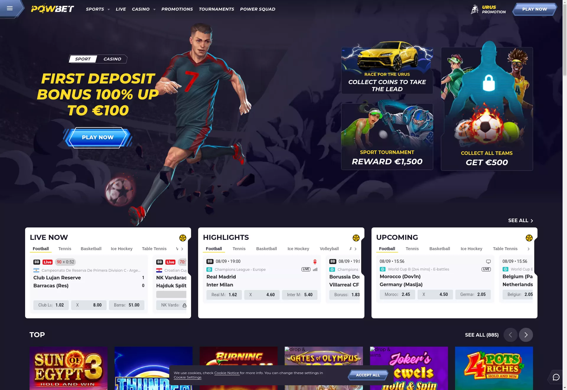 Desktop screen. Powbet Casino 100% up to $500 + 200 FS