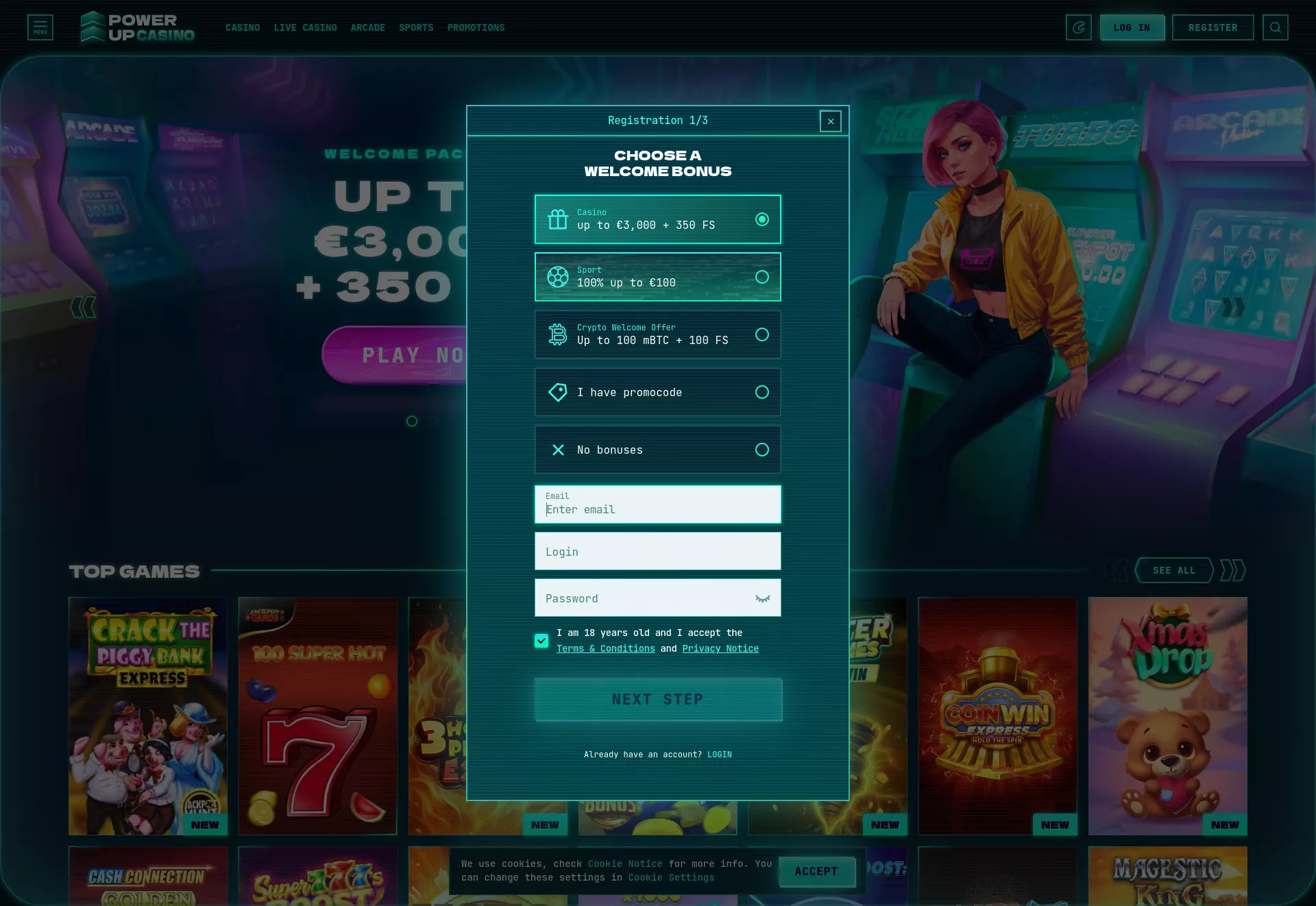 Desktop screen. PowerUp Casino Up to $3000 + 350 FS