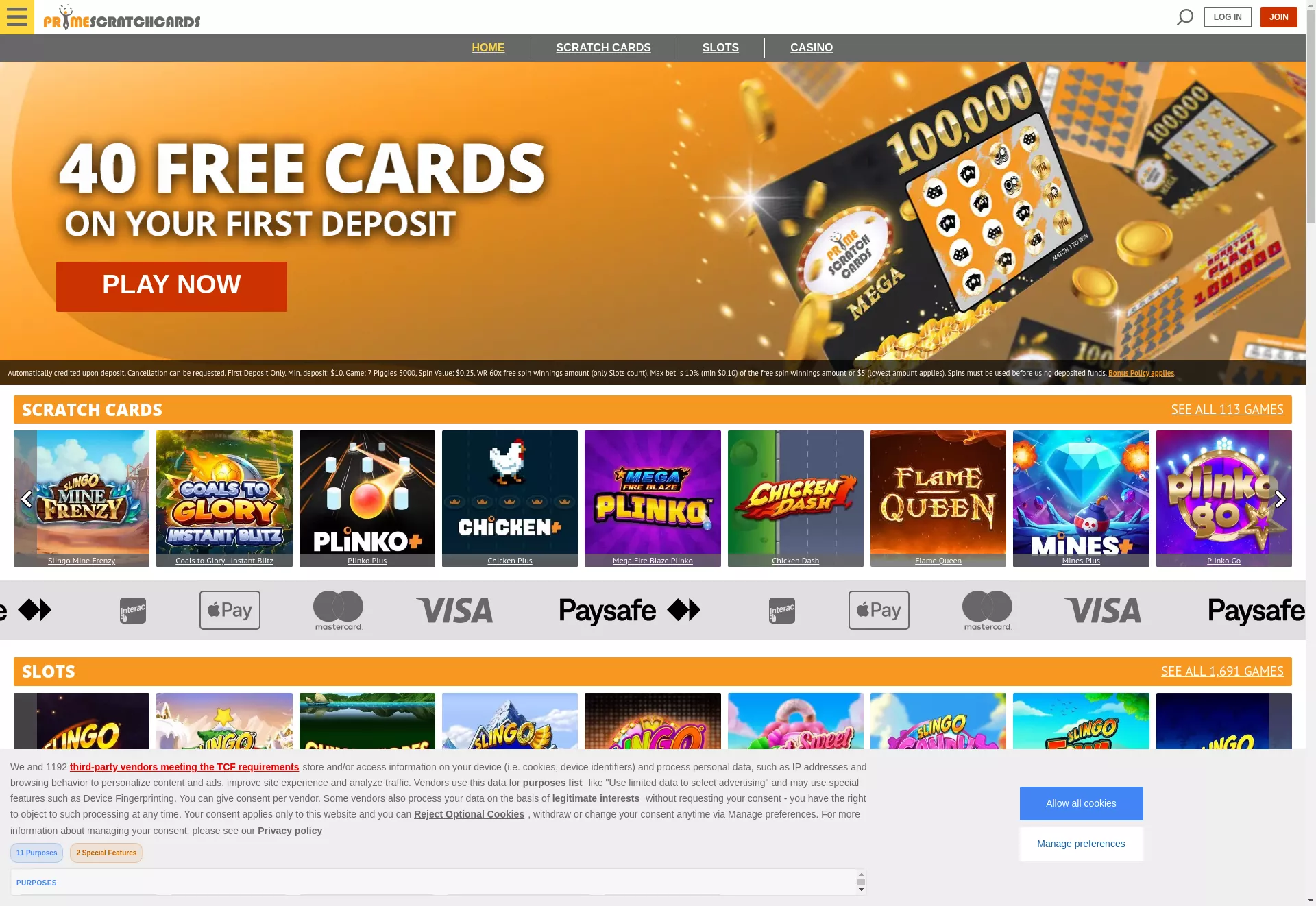 Desktop screen. Prime Scratch Cards Get 40 Free Scratch Cards