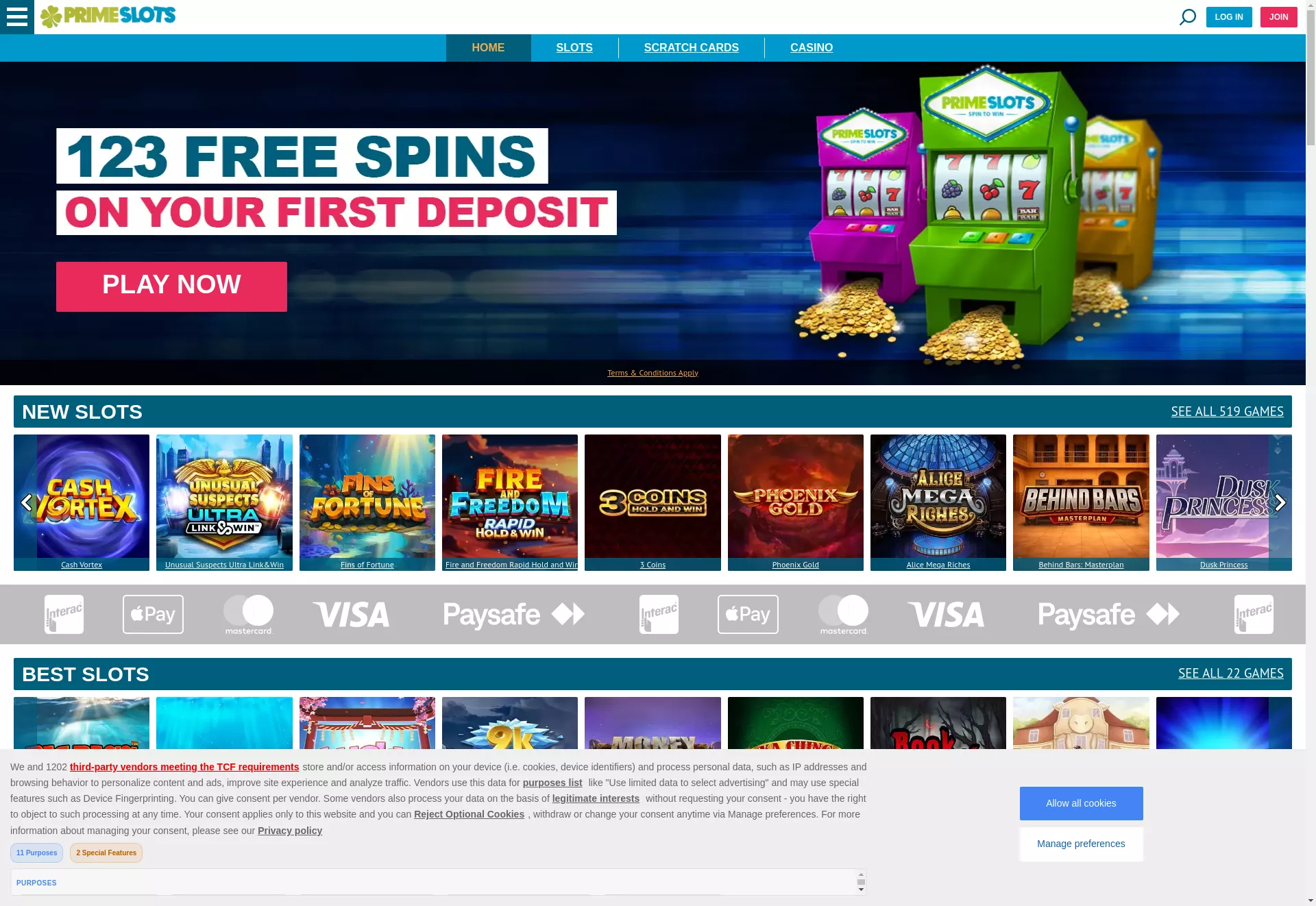 Desktop screen. Prime Slots Get 123 FS