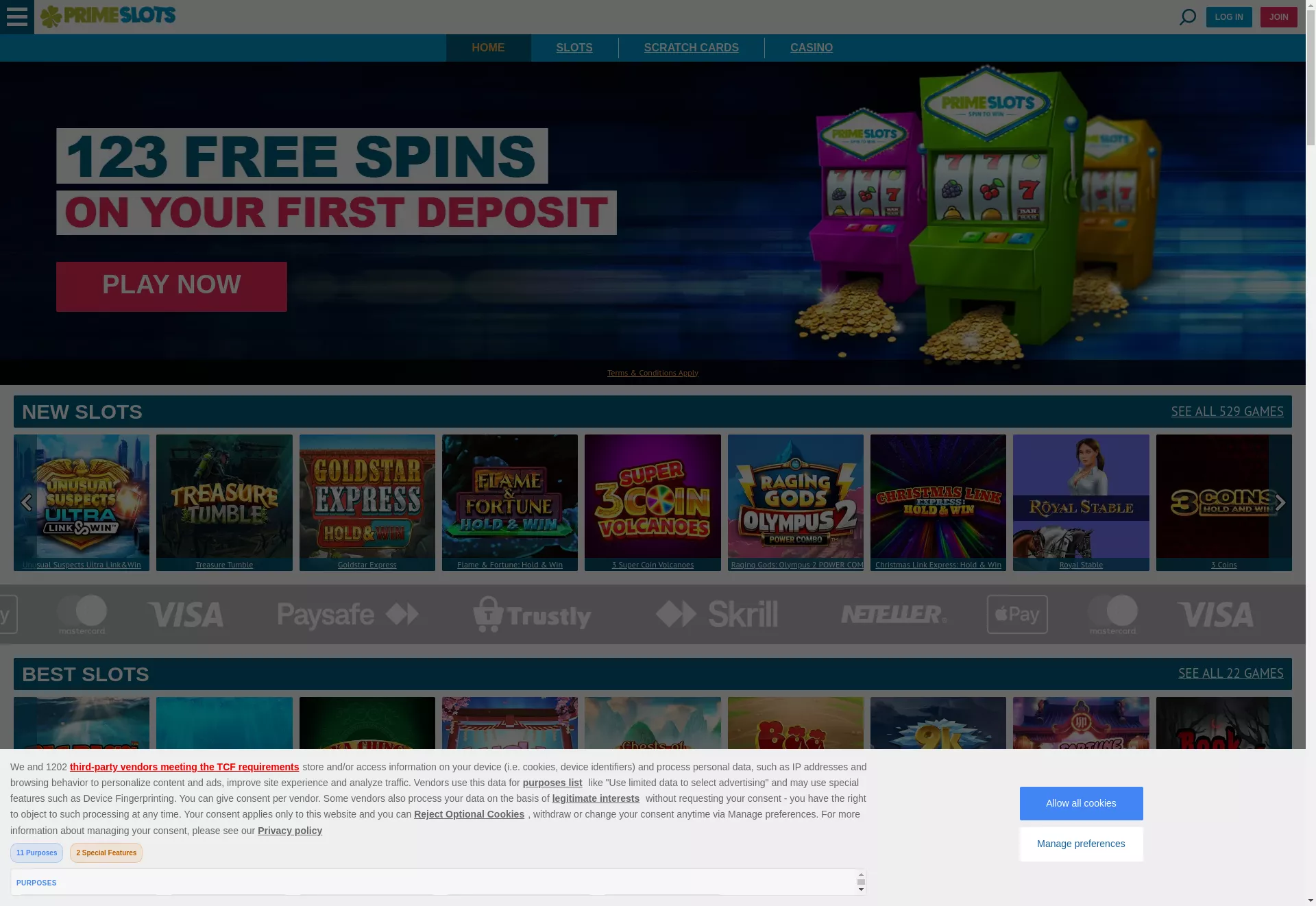 Desktop screen. Prime Slots Get 123 FS