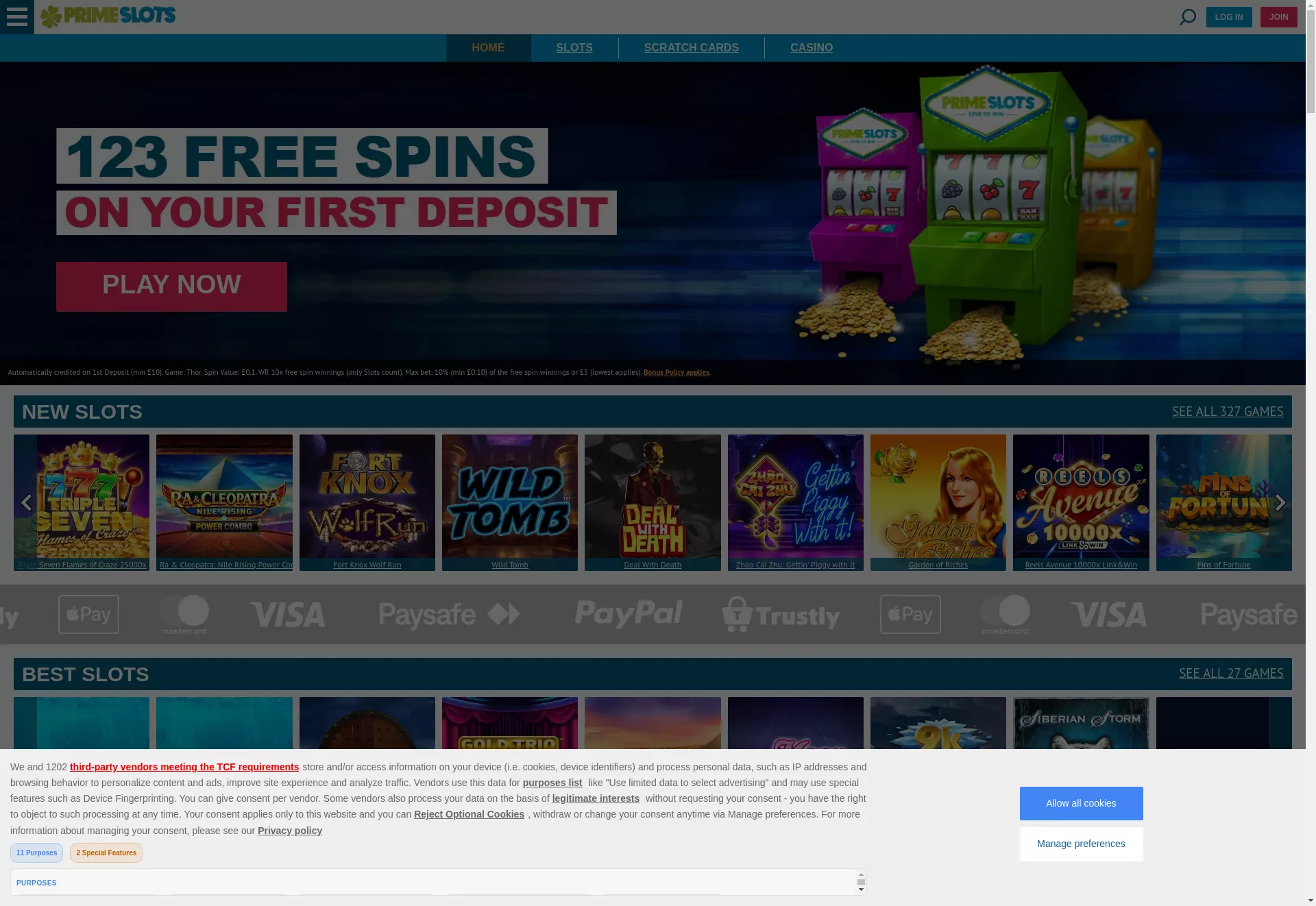 Desktop screen. Prime Slots Get 123 FS