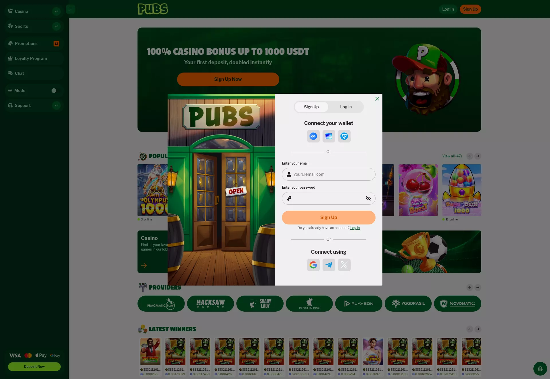 Desktop screen. Pubs 100% up to ₮1000