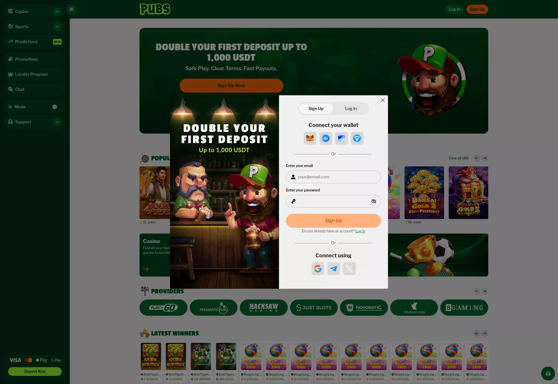 Desktop screen. Pubs 100% up to ₮1000