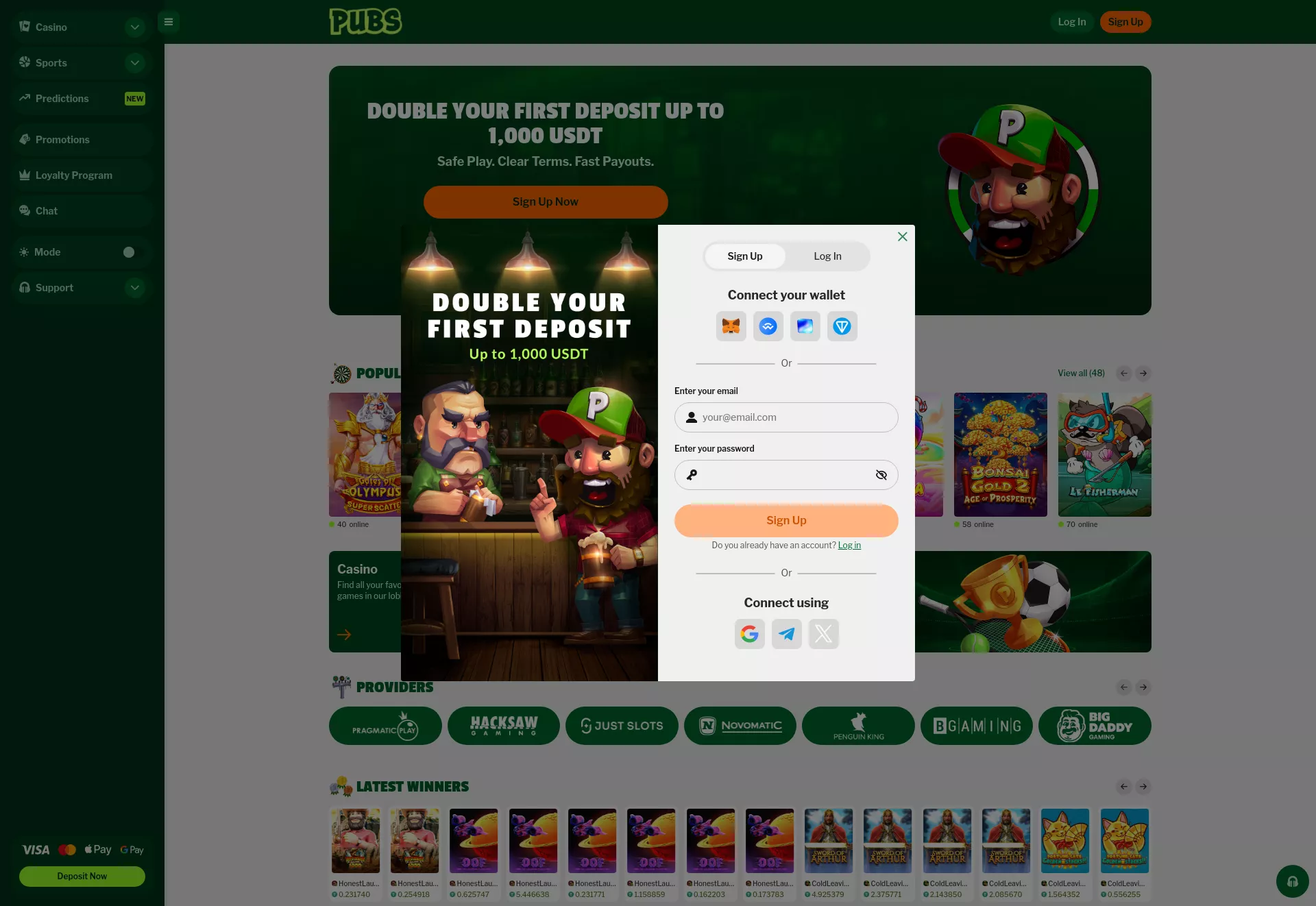 Desktop screen. Pubs 100% up to ₮1000