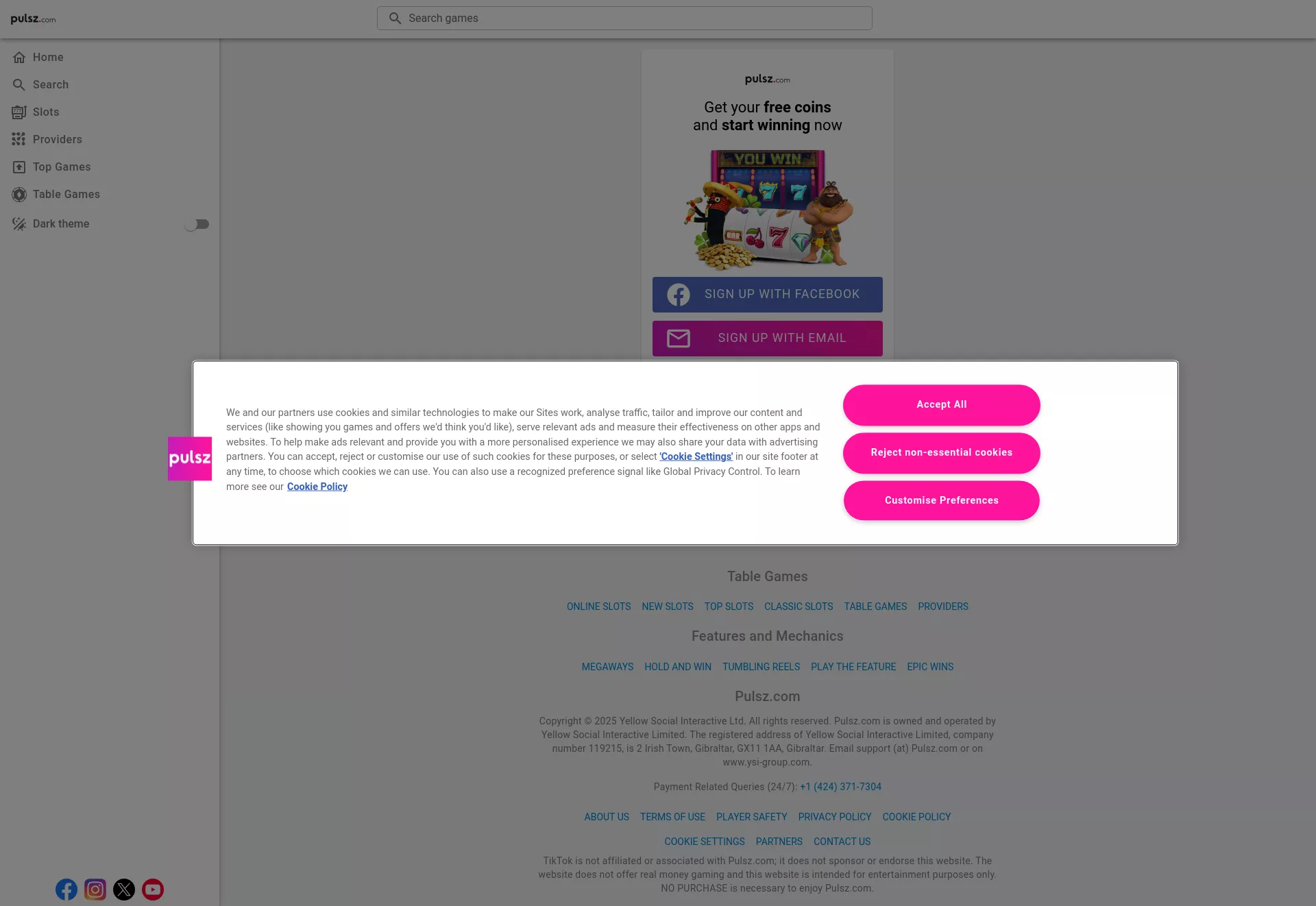 Desktop screen. Pulsz.com Get up to 5000 Gold Coins + 2.3 FREE Sweepstakes Coins