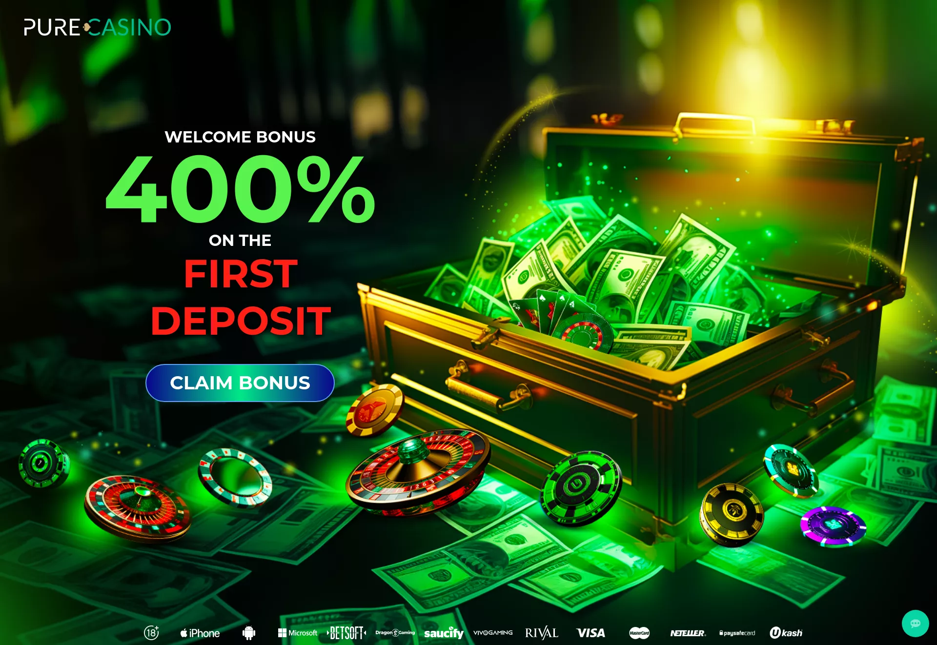 Desktop screen. Pure Casino 400% up to $4000