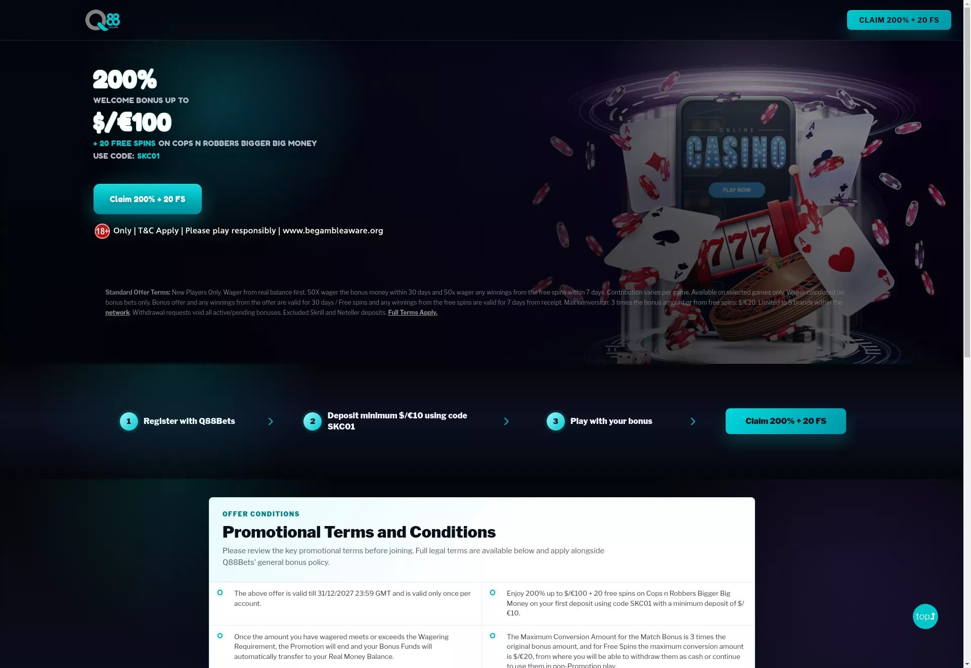 Desktop screen. Q88Bets Casino 100% up to $200 + 20 FS