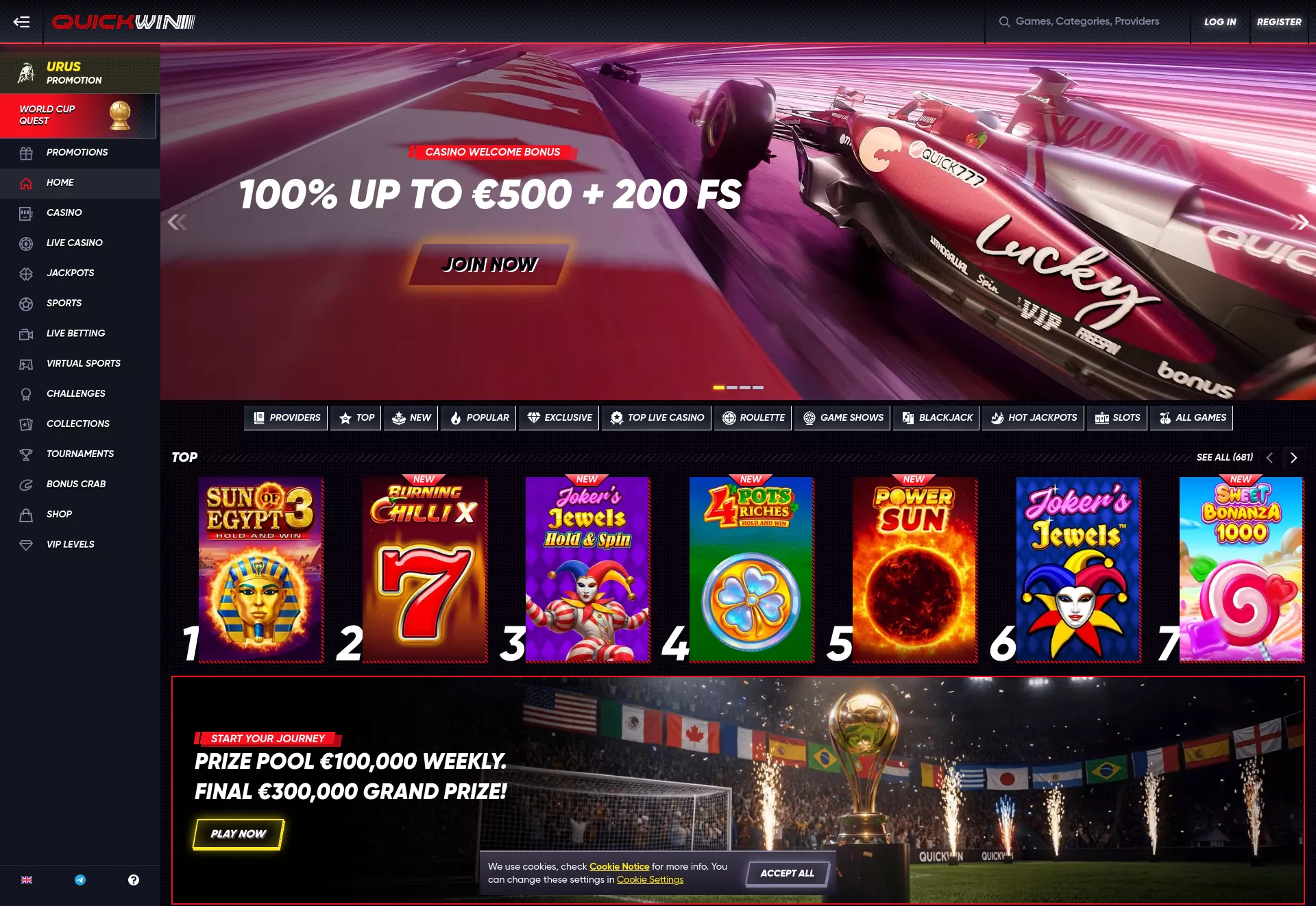 Desktop screen. QuickWin Casino Cashback 15% up to $3000