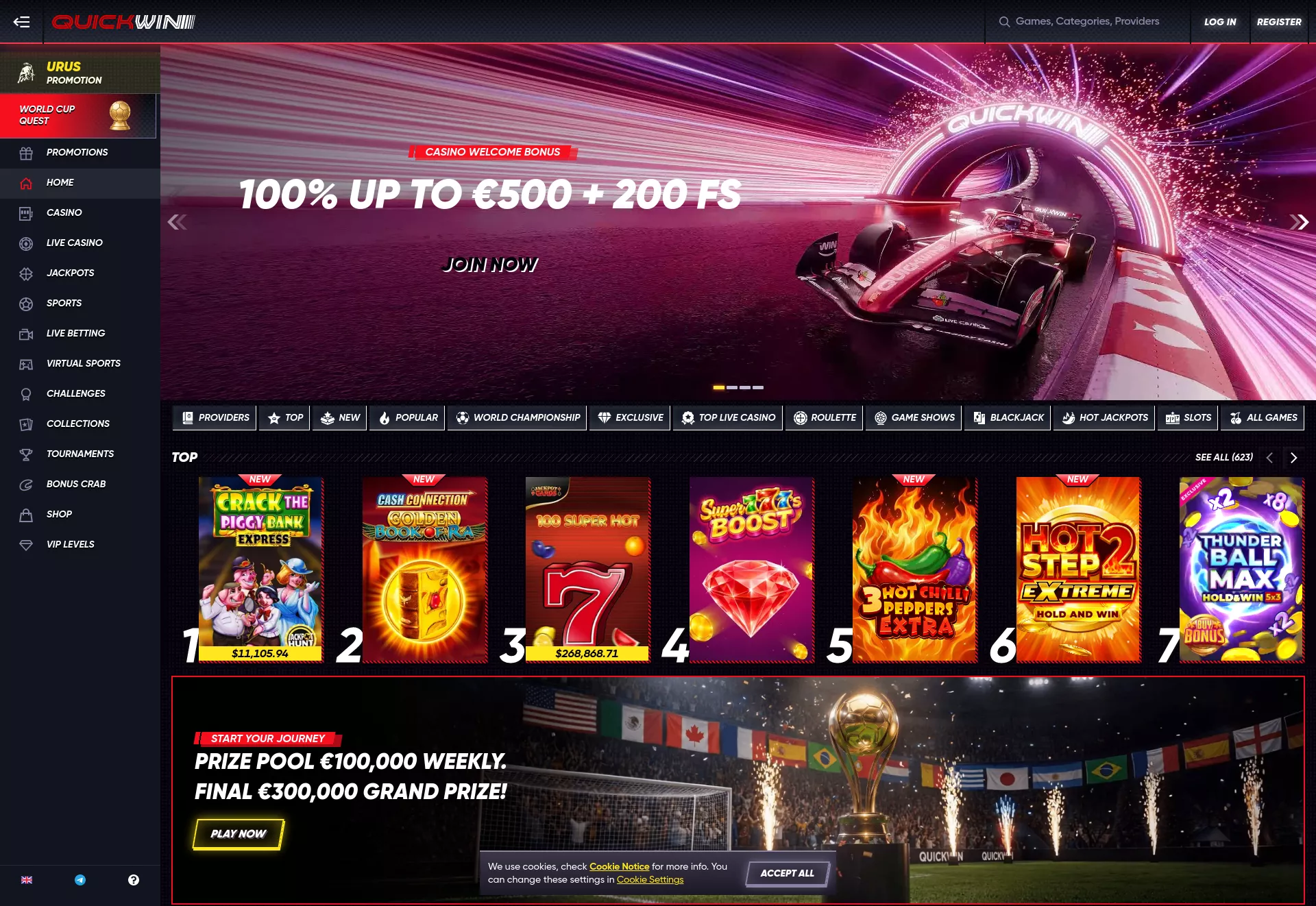 Desktop screen. QuickWin Casino 100% up to $500 + 200 FS