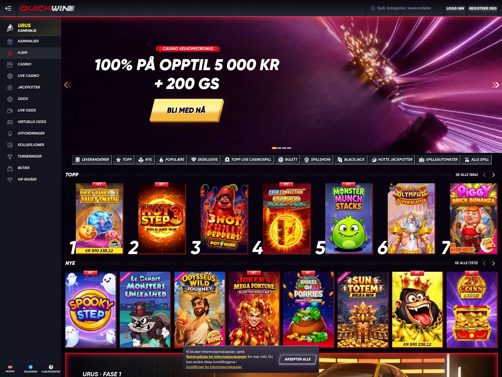 Desktop screen. QuickWin Casino 100% up to kr5000 + 200 FS