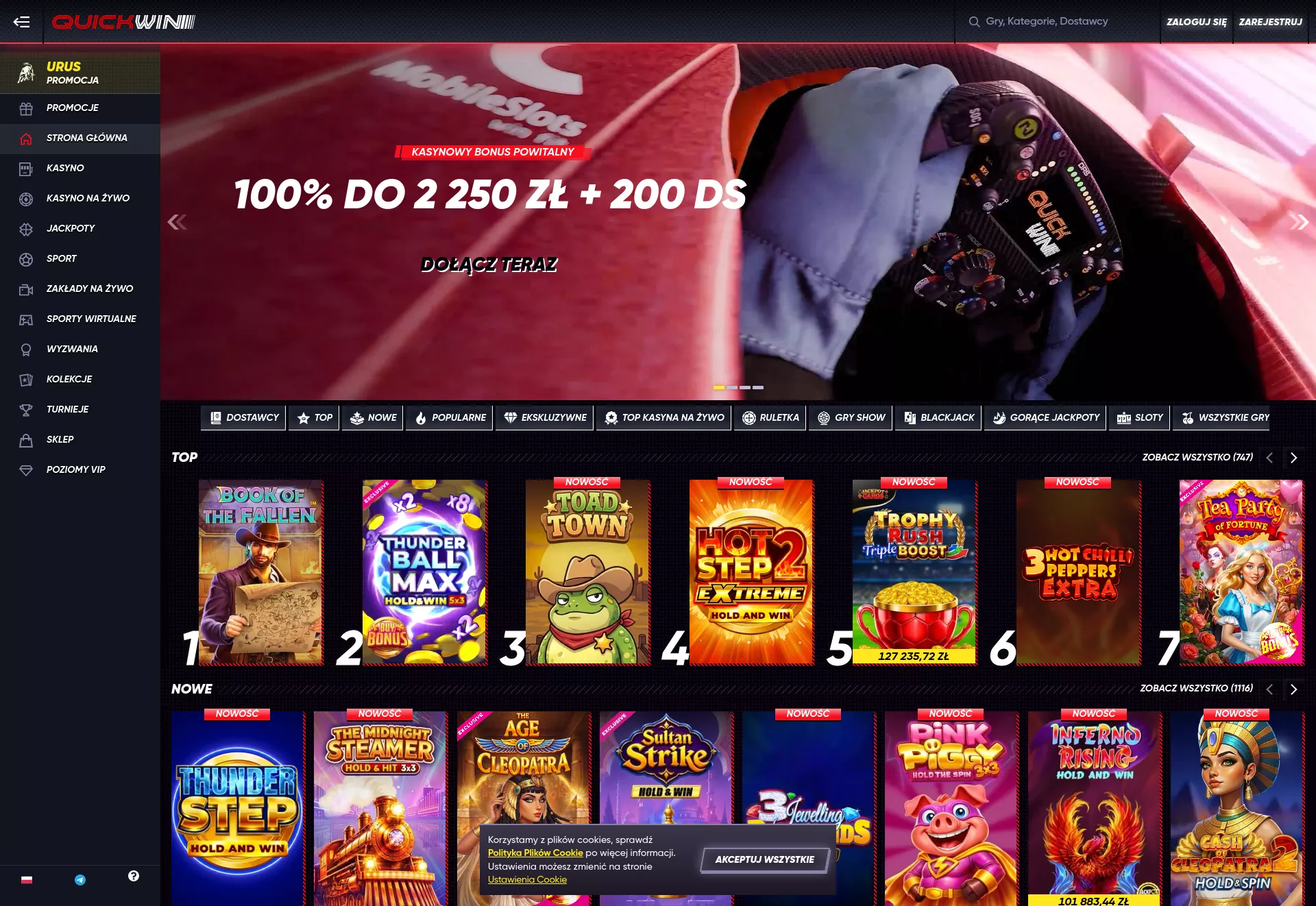 Desktop screen. QuickWin Casino 100% up to zł2250 + 200 FS