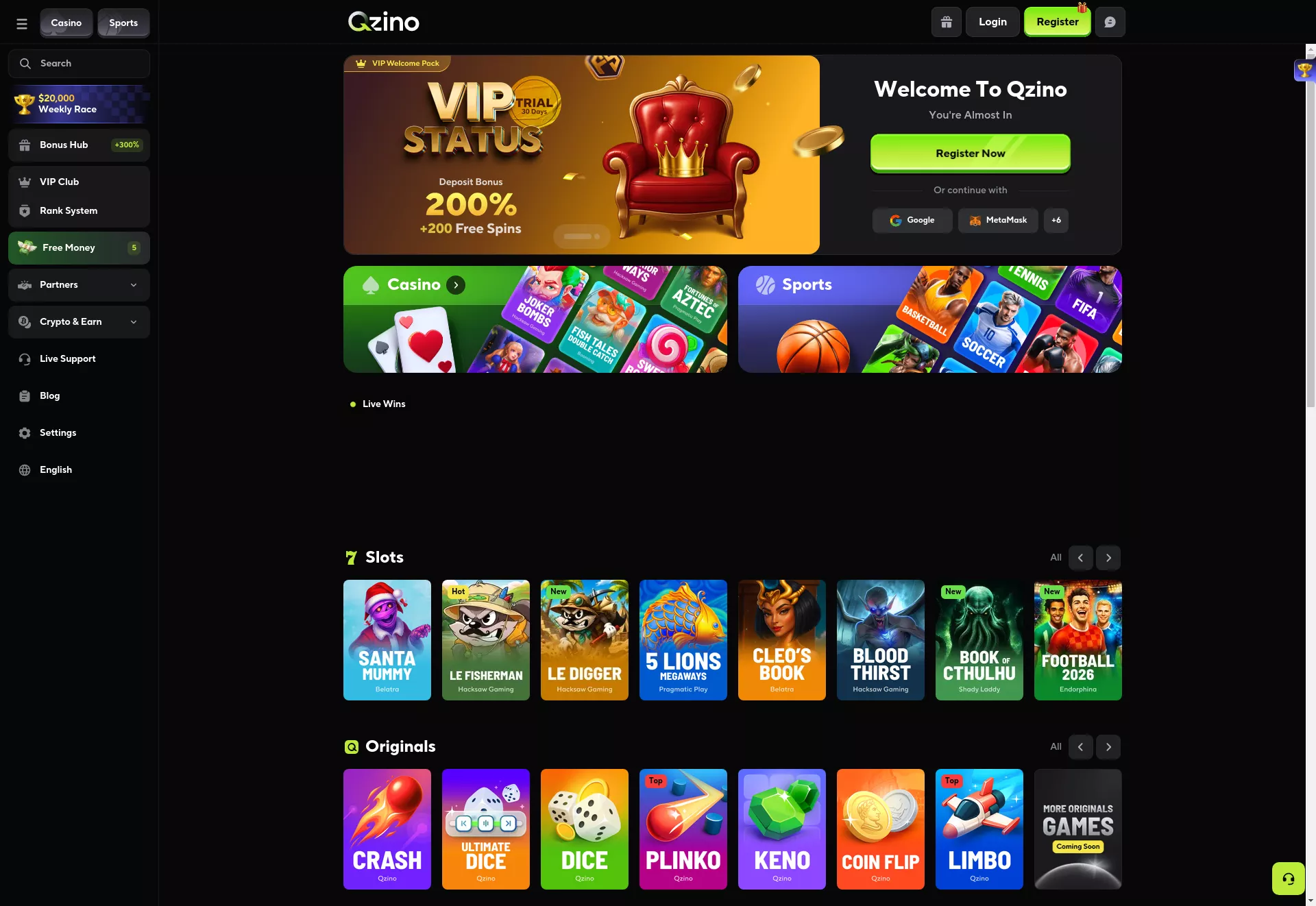 Desktop screen. Qzino Up to $10500 + 650 FS