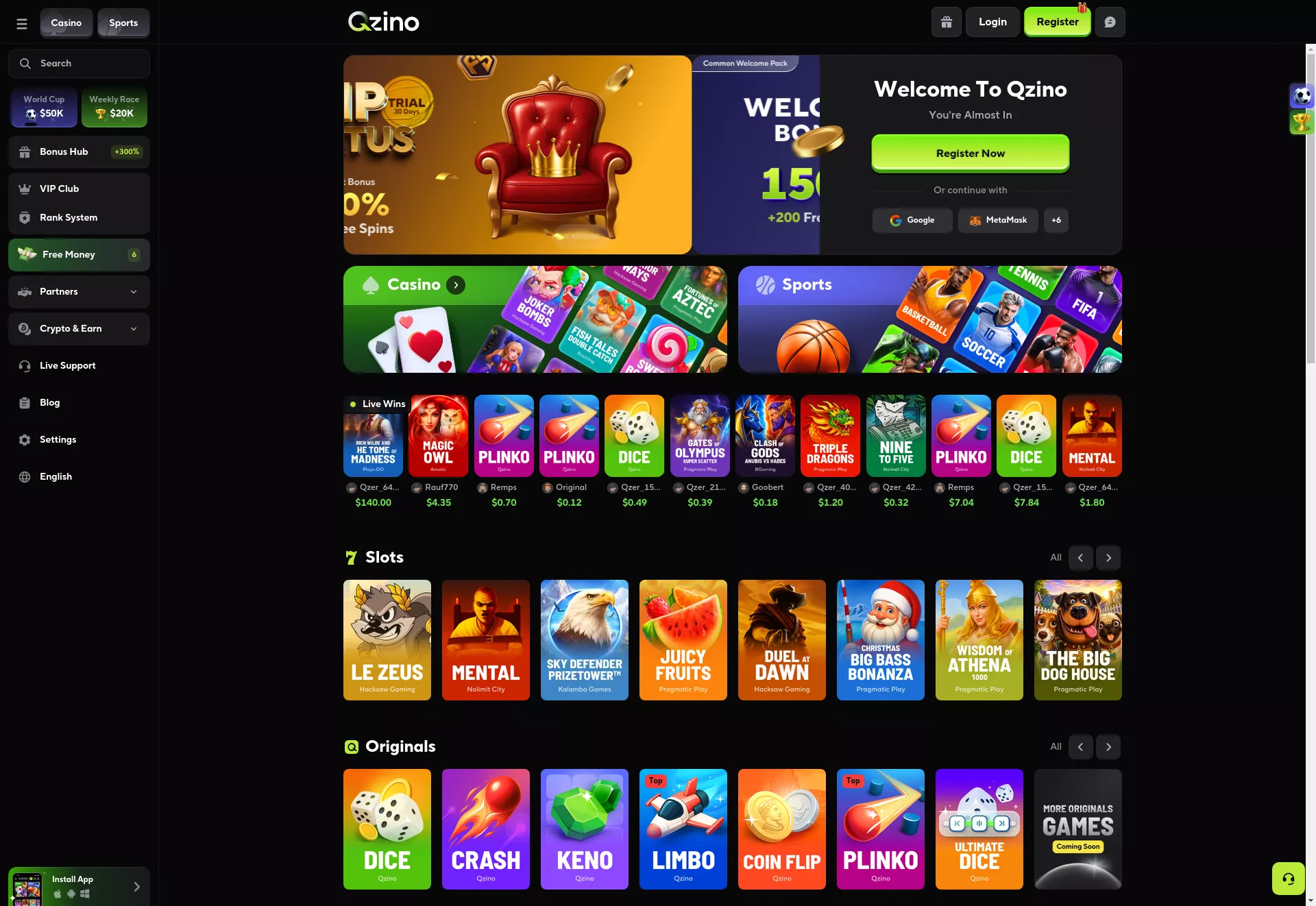 Desktop screen. Qzino Up to $100000