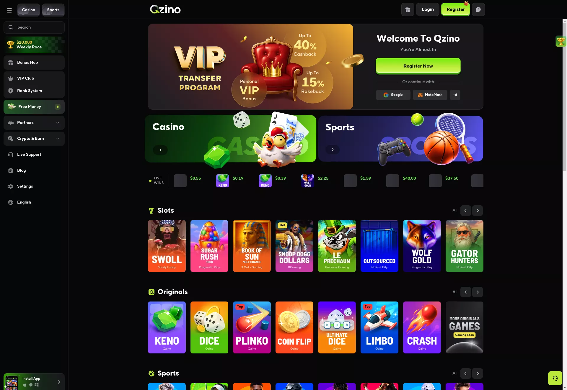 Desktop screen. Qzino Up to $6500 + 500 FS