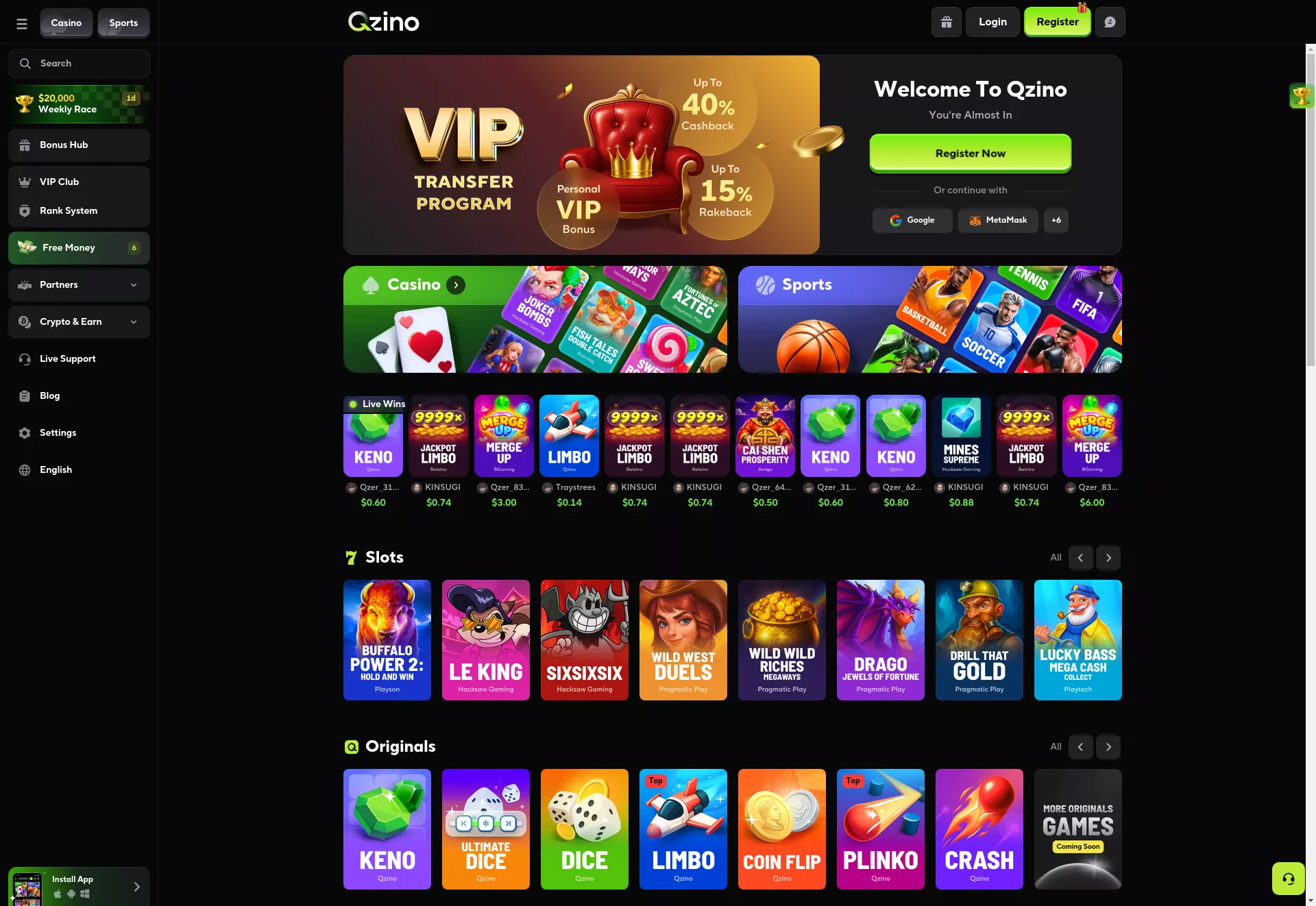 Desktop screen. Qzino Up to $6500 + 500 FS