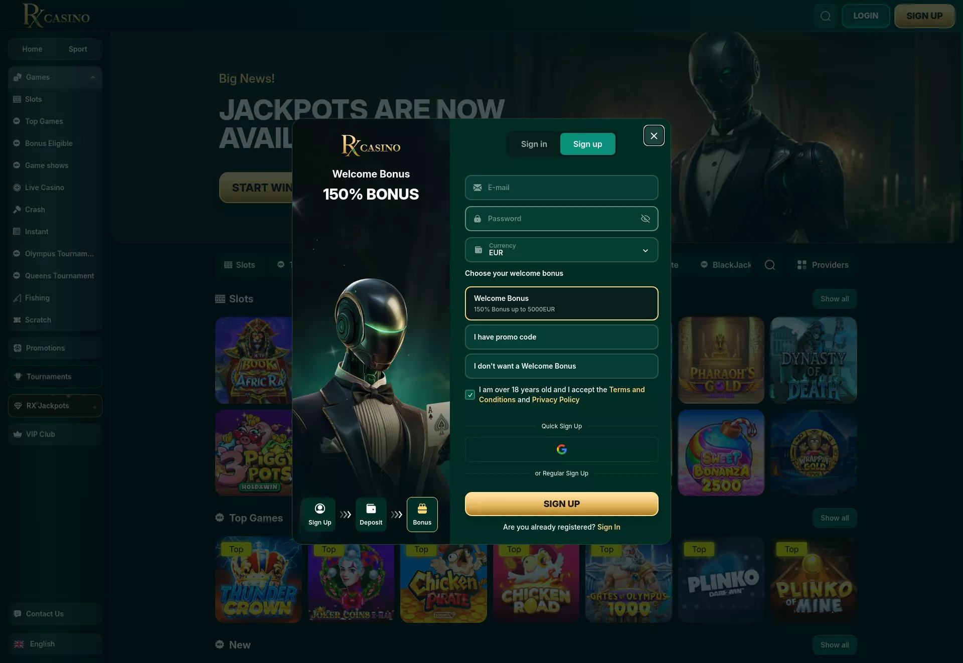 Desktop screen. RX Casino 200% up to €5000 + 200 FS