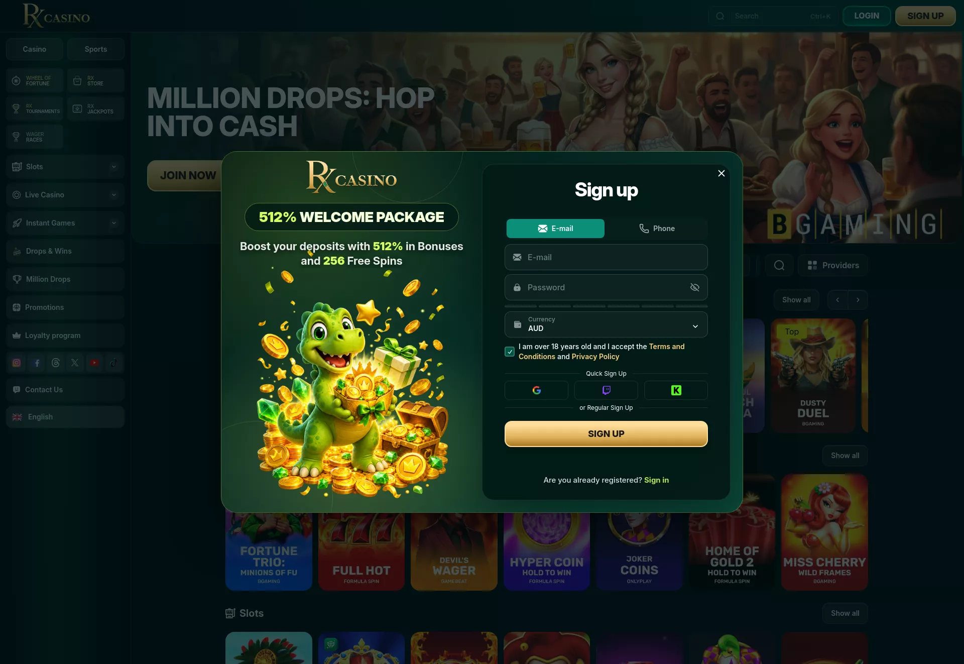 Desktop screen. RX Casino Up to $17500