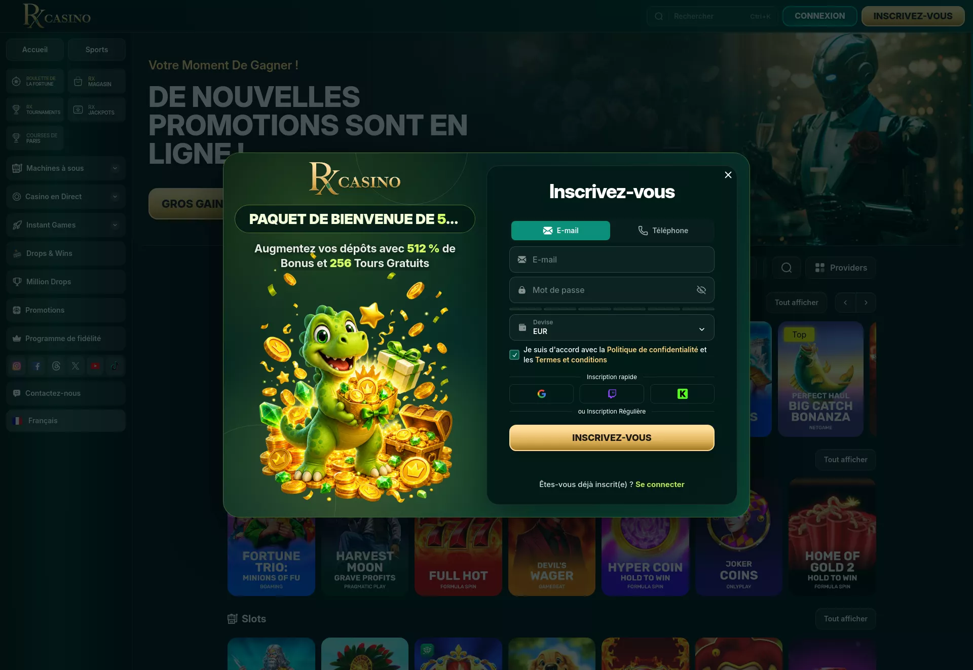 Desktop screen. RX Casino Up to €17500