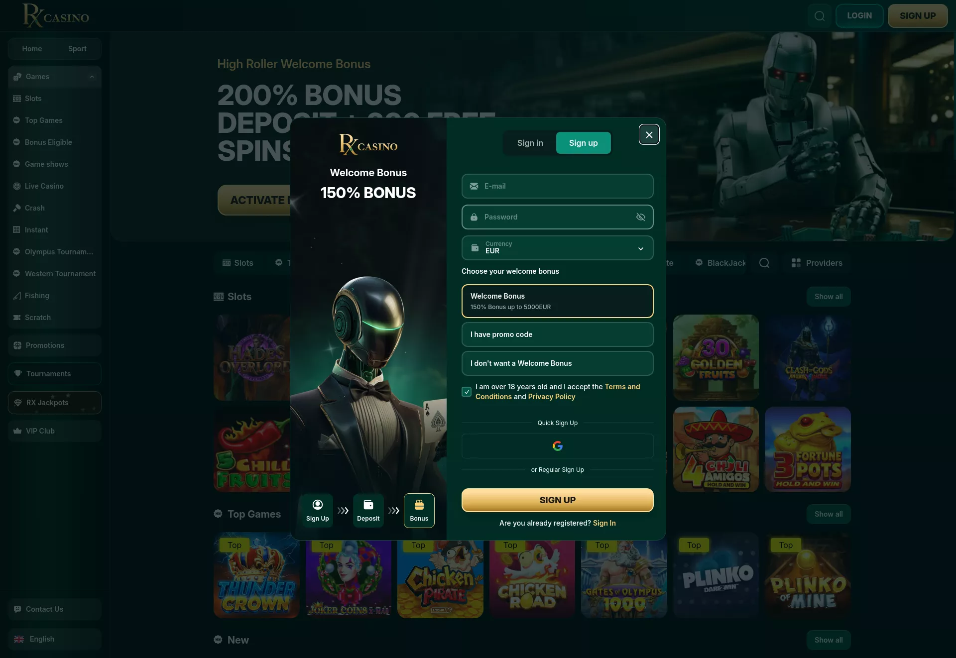 Desktop screen. RX Casino Up to $17500