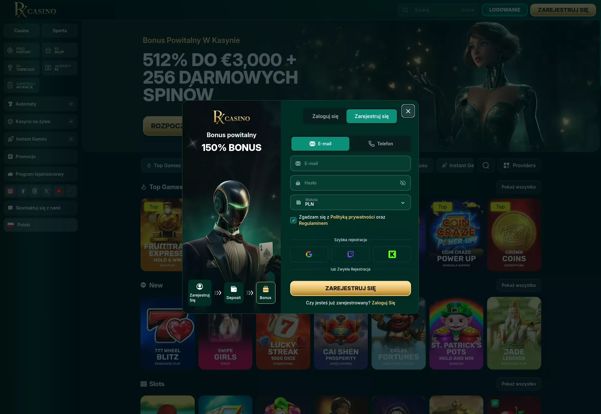 Desktop screen. RX Casino Up to €17500