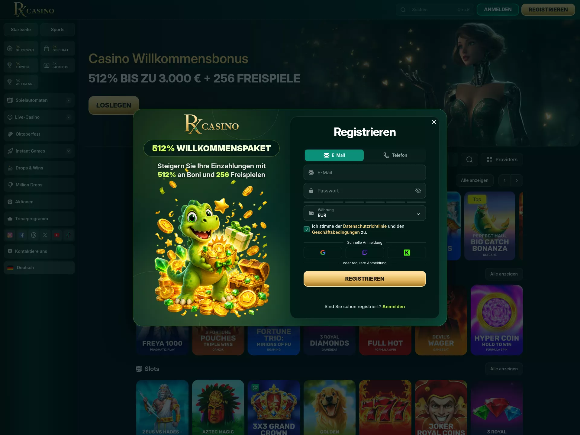 Desktop screen. RX Casino Bis zu €17500