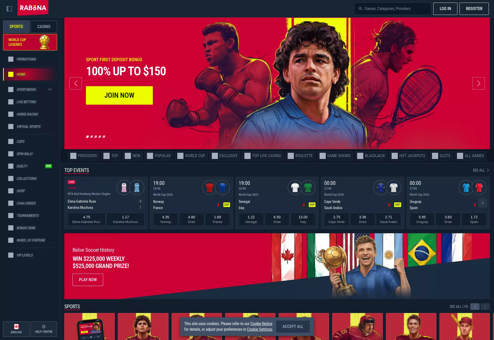 Desktop screen. Rabona 100% up to C$750 + 200 FS + 1 Bonus Crab