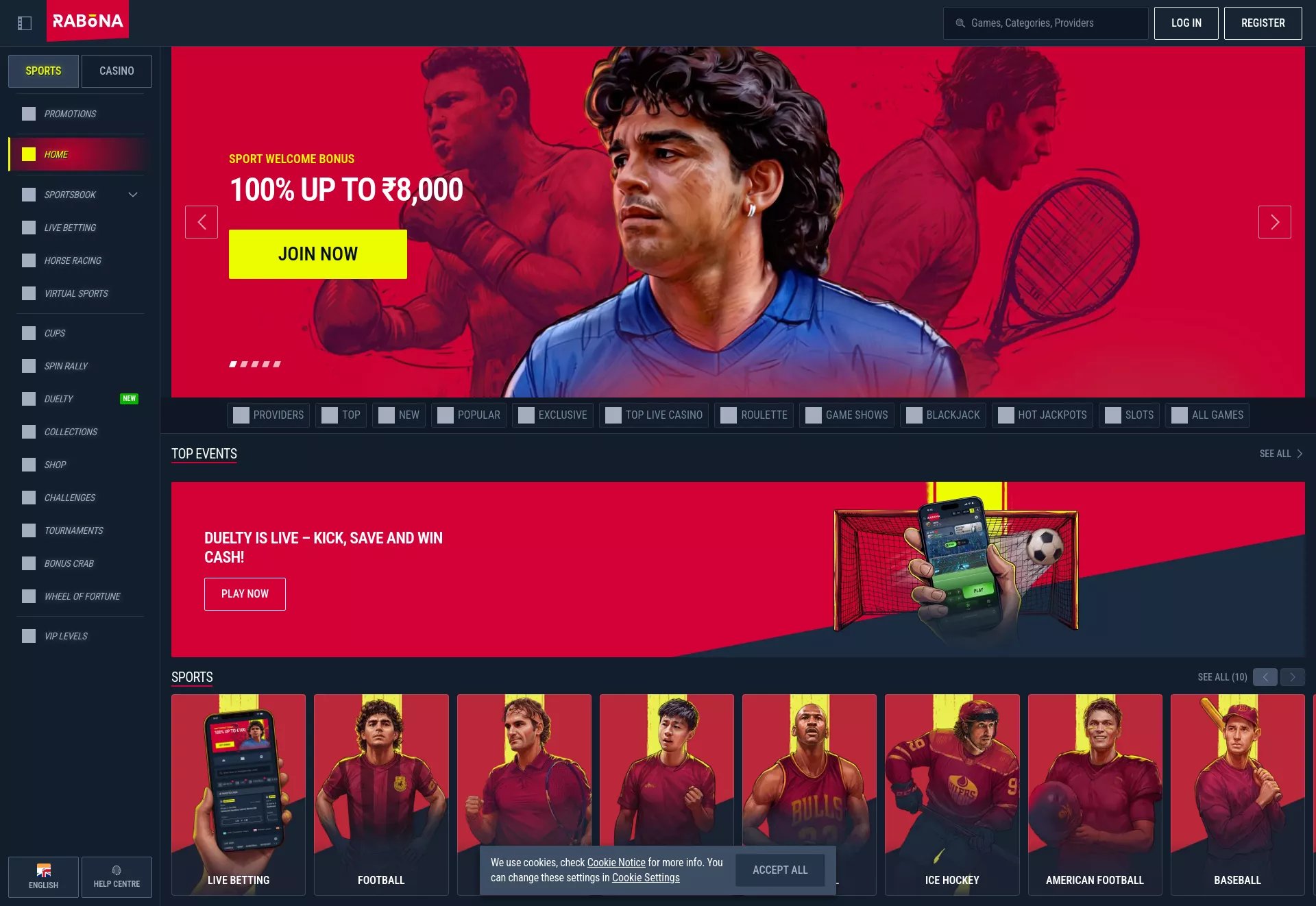 Desktop screen. Rabona 100% up to ₹40000 + 200 FS
