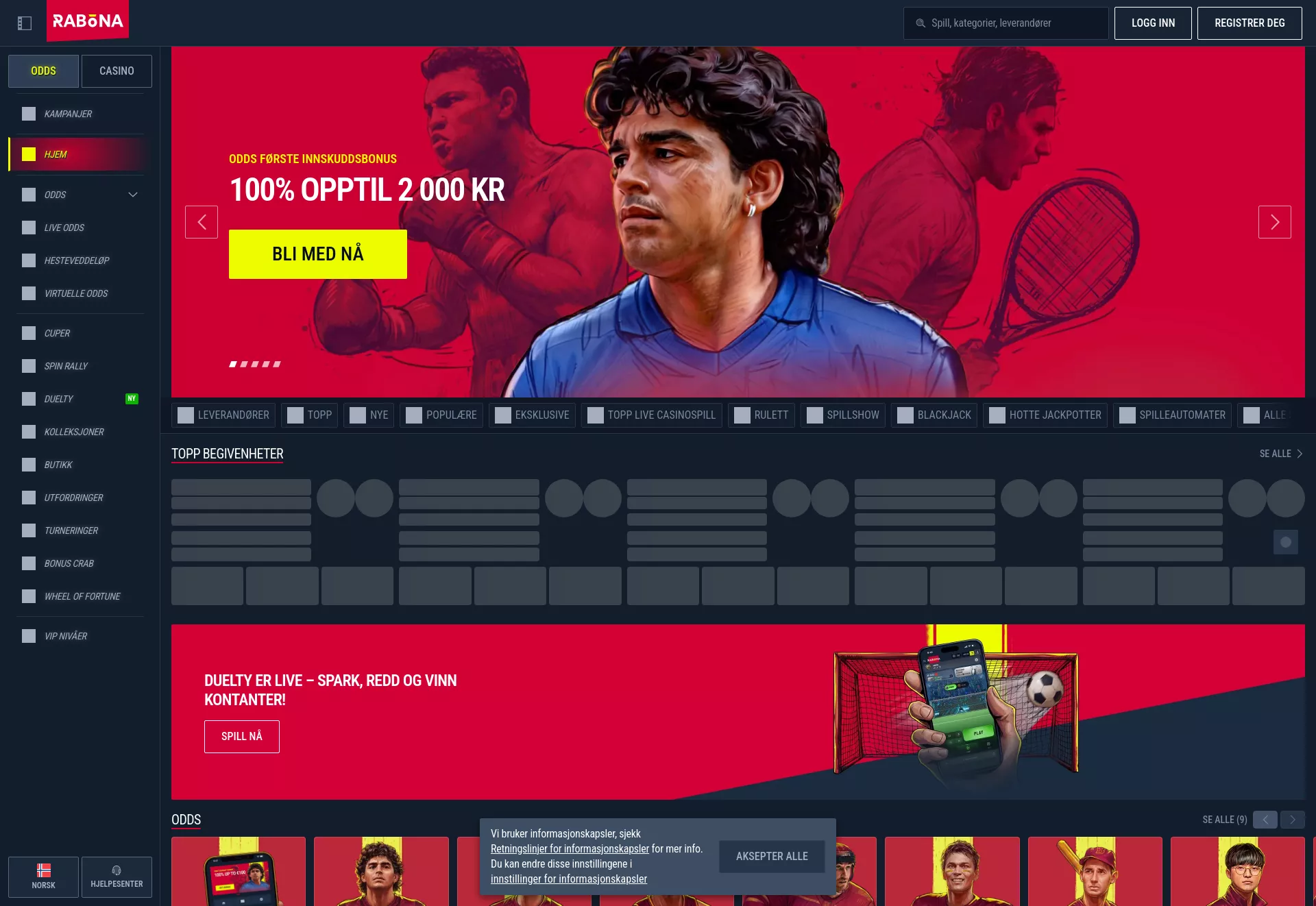 Desktop screen. Rabona 100% up to kr5000 + 200 FS