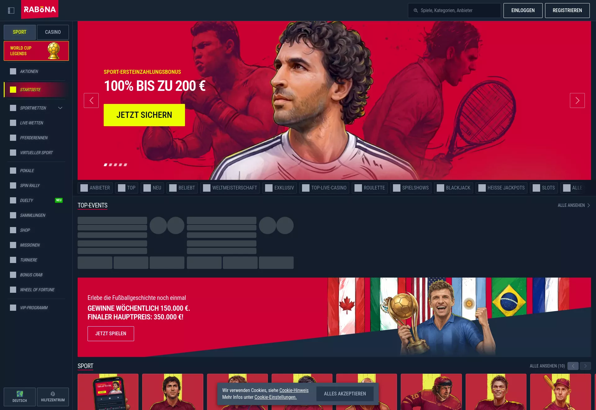 Desktop screen. Rabona 100% bis zu €500 + 200 FS