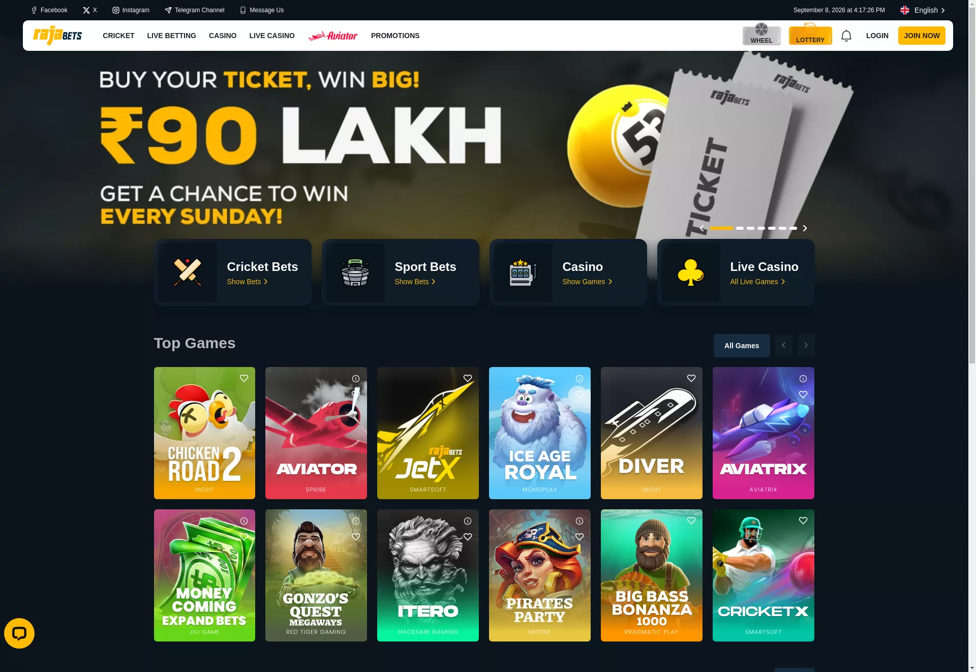 Desktop screen. Rajabets Casino 50% up to ₹3000