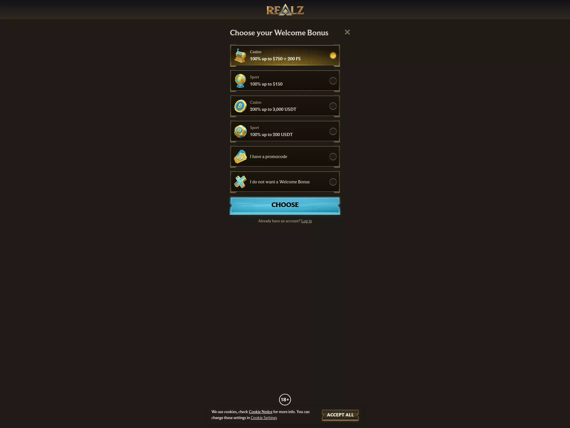 Desktop screen. Realz 100% hasta $500 + 200 FS + 1 Bonus Crab