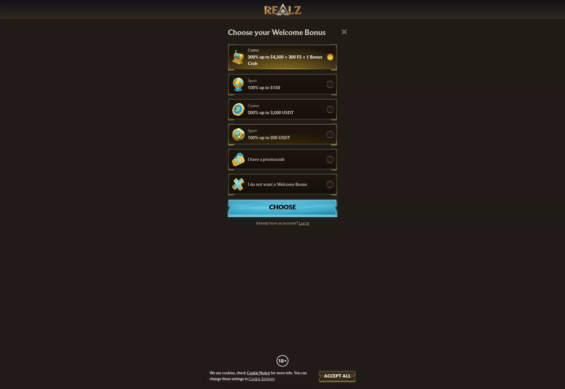 Desktop screen. Realz 100% up to C$750 + 200 FS + 1 Bonus Crab