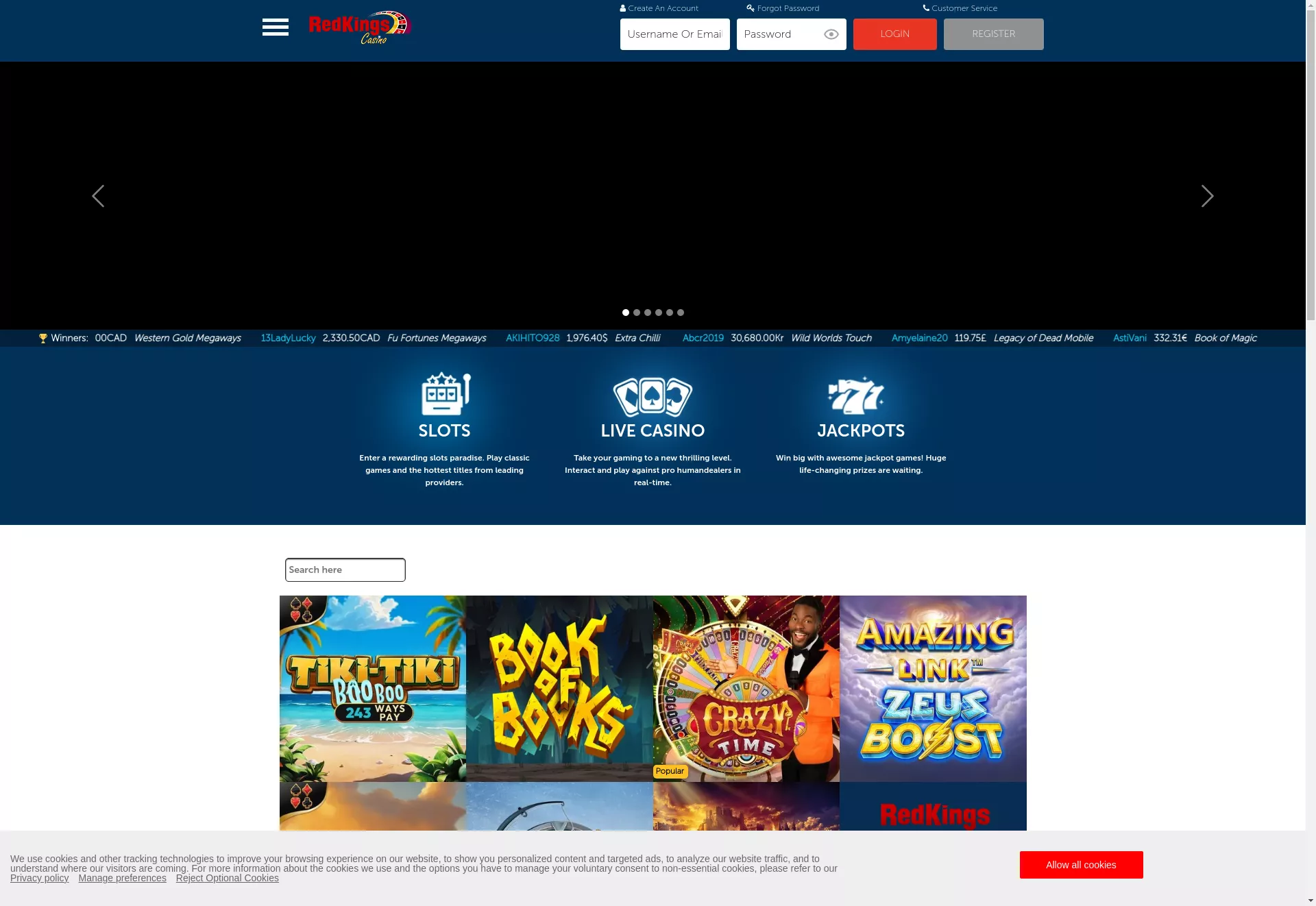 Desktop screen. Red Kings 100% up to $100 + 15 FS