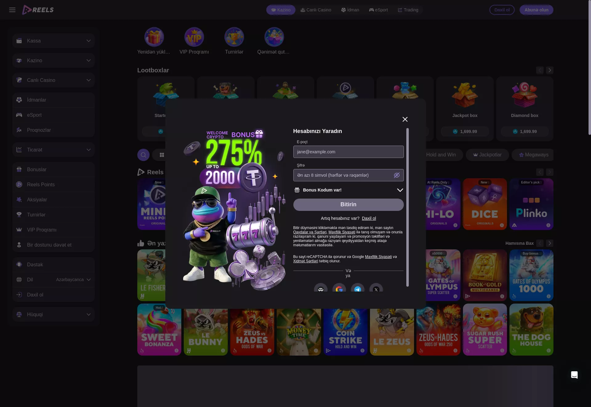 Desktop screen. Reels casino Up to ₮2000