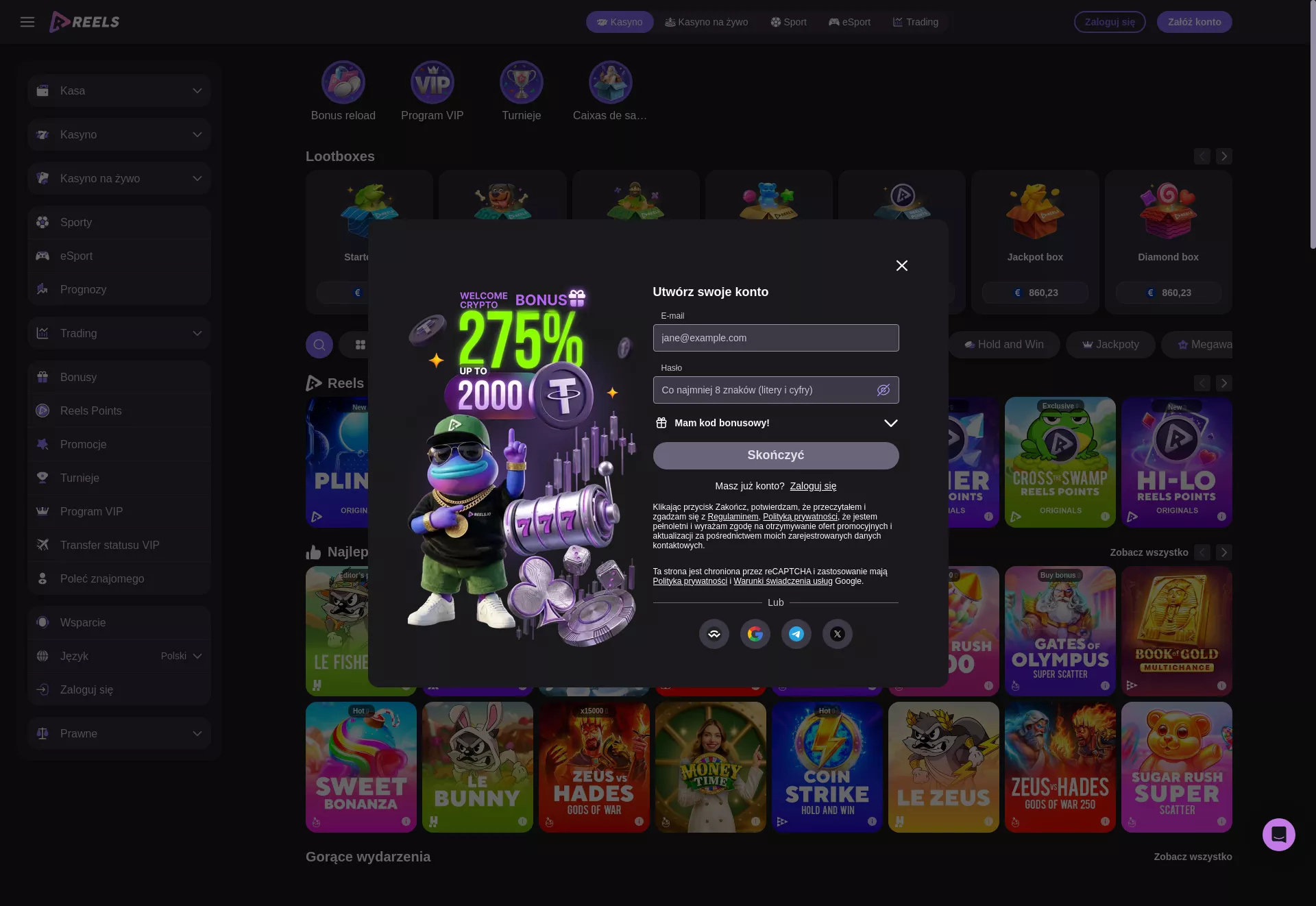 Desktop screen. Reels casino Up to ₮2000